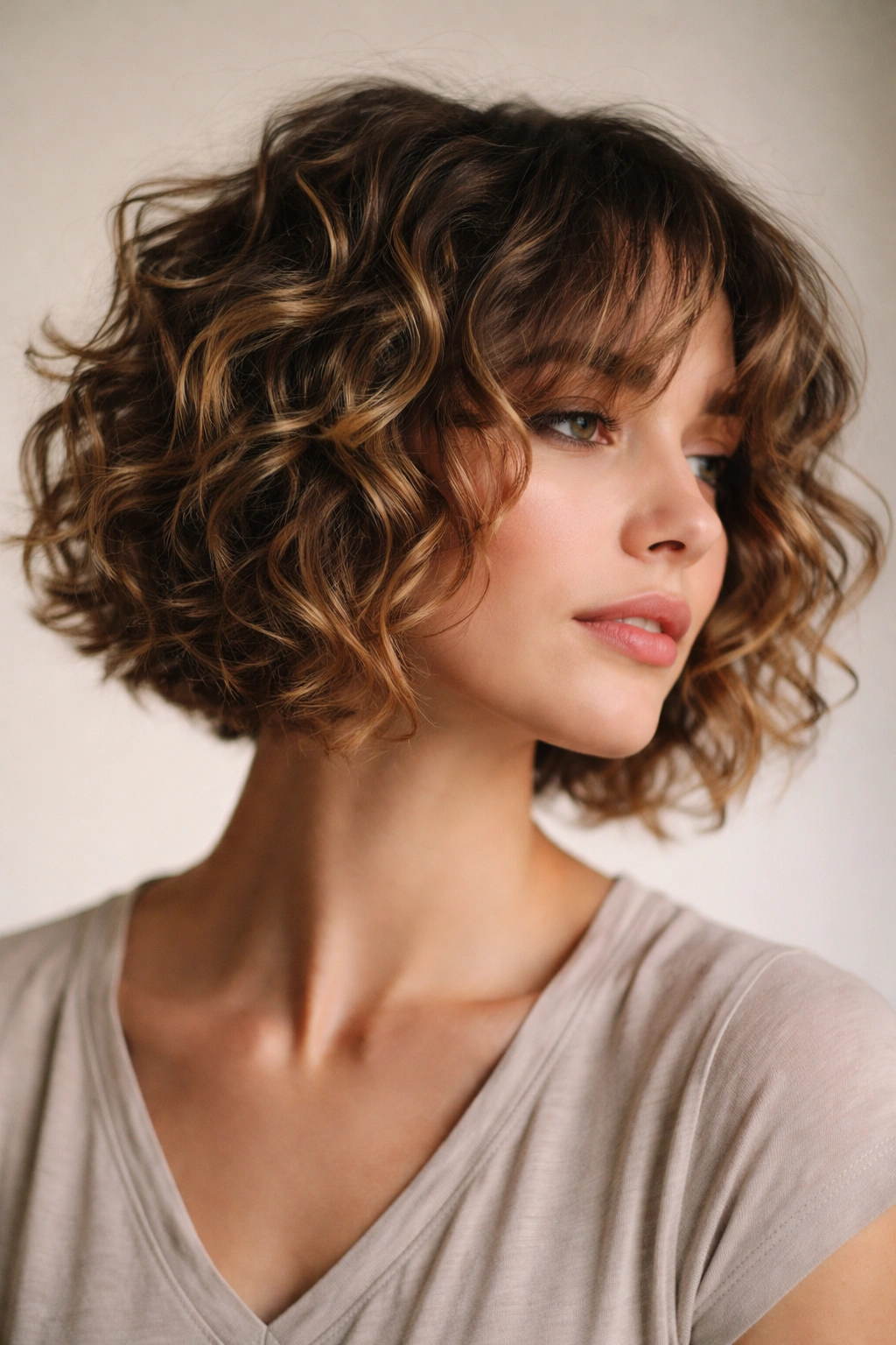 15 Curly Choppy Bobs With Volume And Bounce 7 Close-up of a curly bob with disconnected chunks and defined texture in a studio setting
