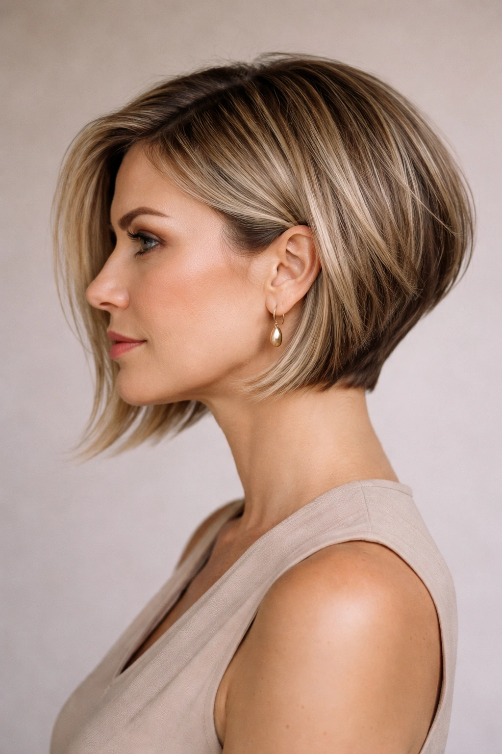 Disconnected bob with contrasting lengths creating edgy silhouette.