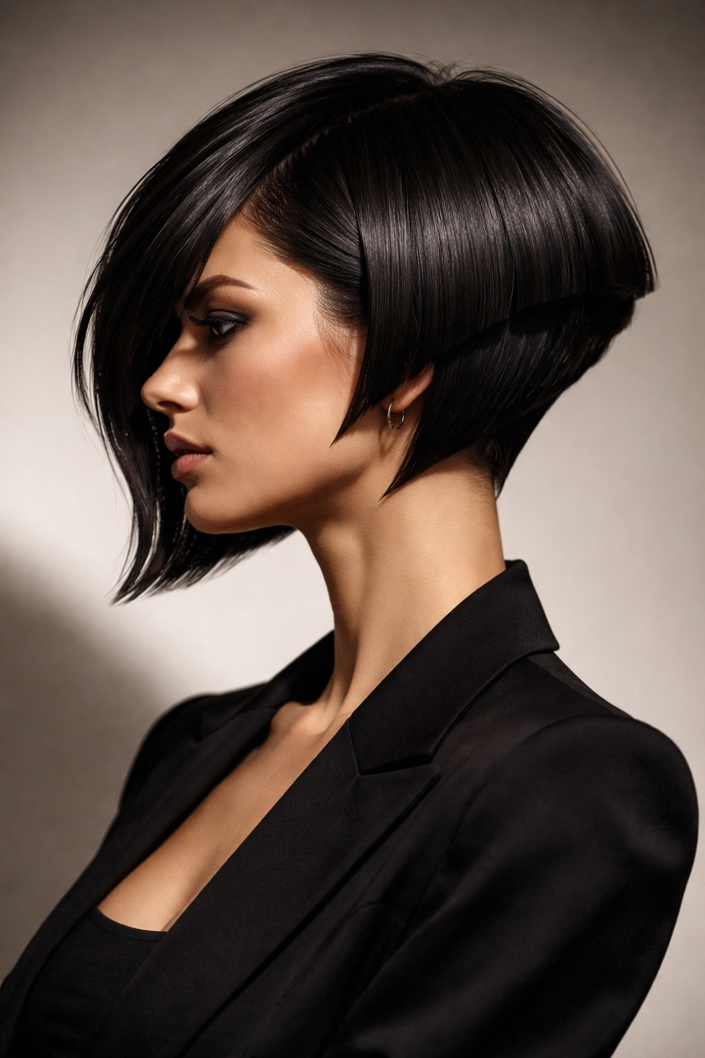 Disconnected bob hairstyle with clearly separated layers in studio lighting