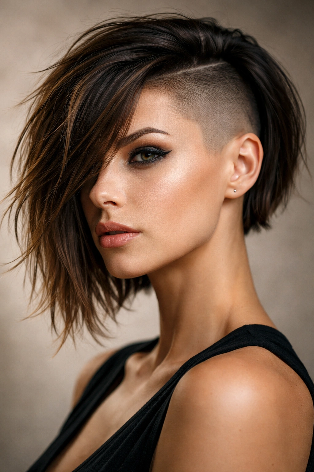 10 One Side Shaved Hairstyles For Bold Women 1 Side profile of a disconnected bob with a shaved side showing high-contrast texture