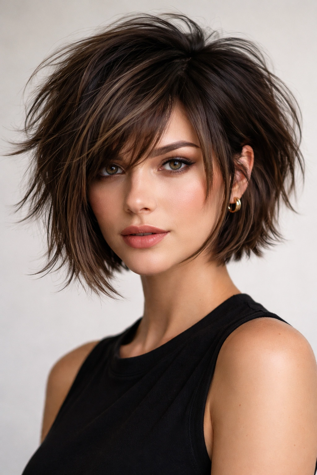Close-up of a thick-hair model with a dramatic disconnected bob showing short top layers and longer sides.
