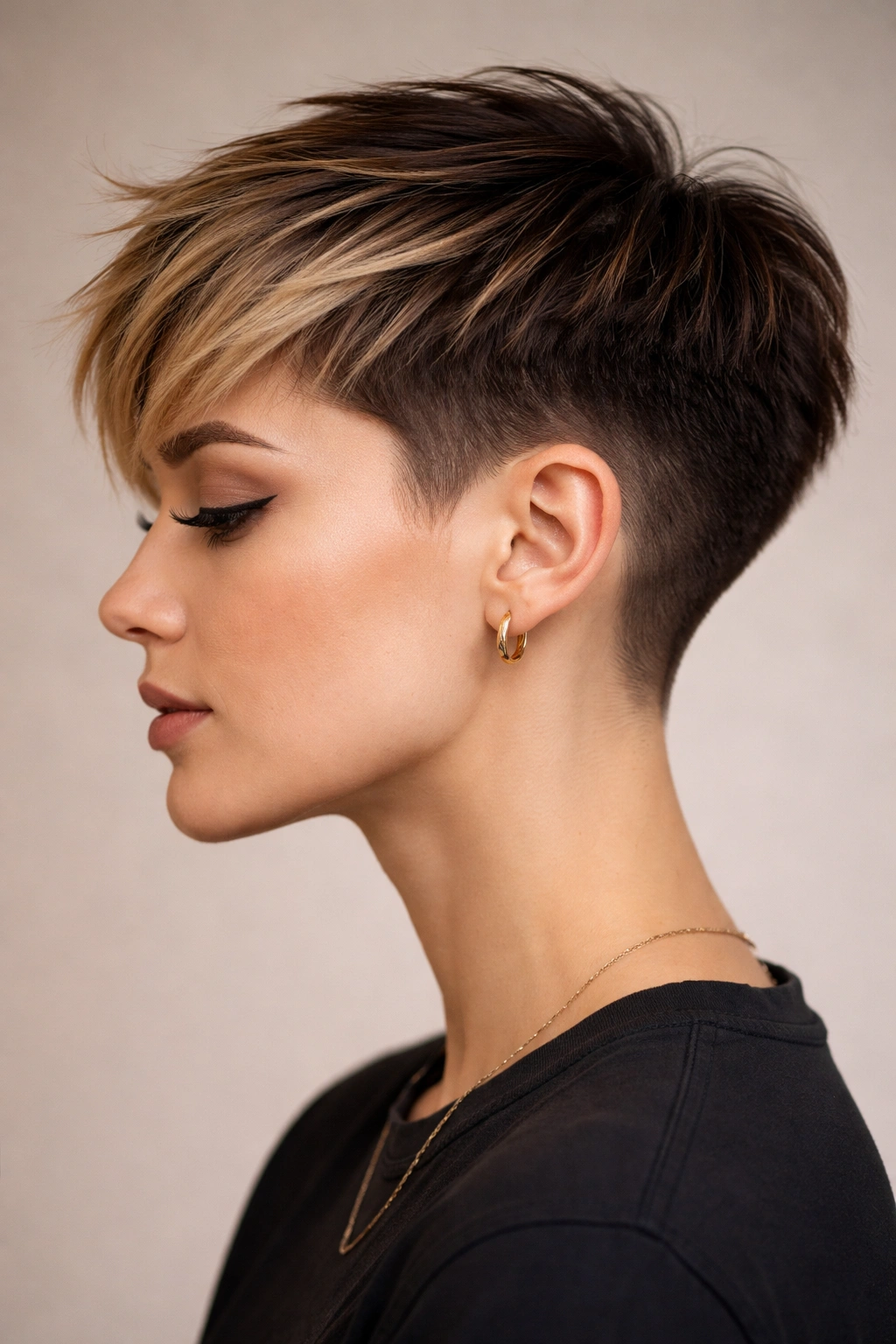 Side profile of a disconnected crop with faded brunette ombre
