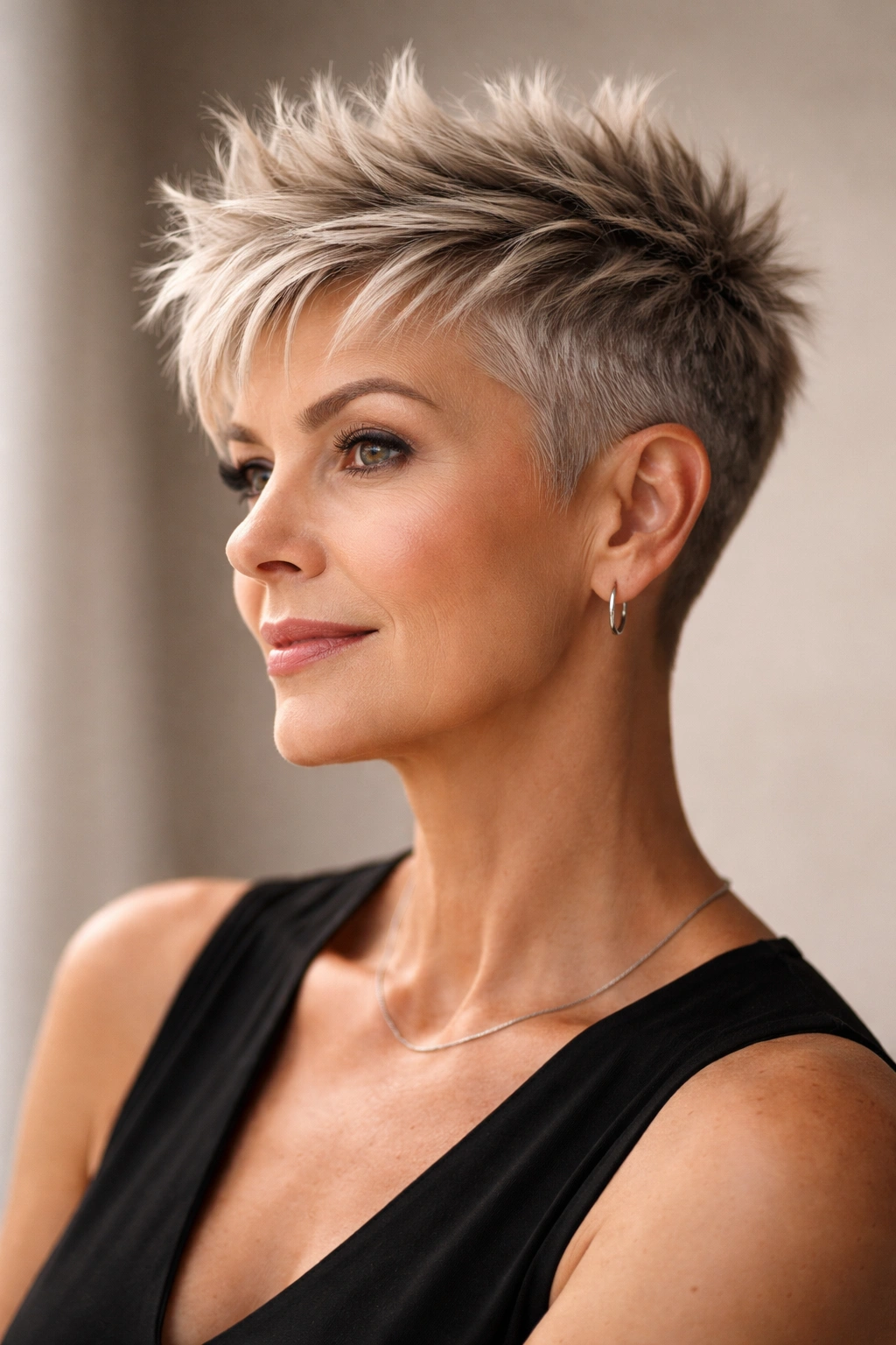 10 Short Spiky Hairstyles For Women Over 50 8 Portrait of a woman with a disconnected crop showing a long top and short sides