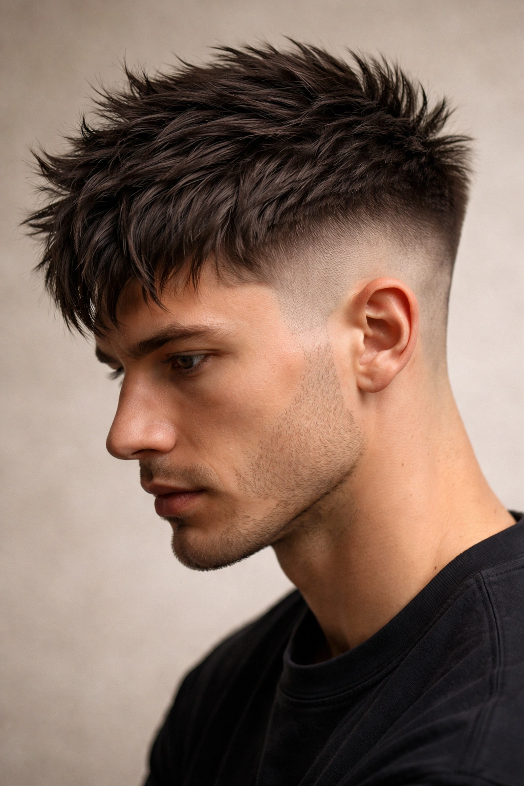 12 Short To Medium Layered Cuts To Ask For 7 Close-up of a model with a bold disconnected crop undercut showing textured top and shaved sides