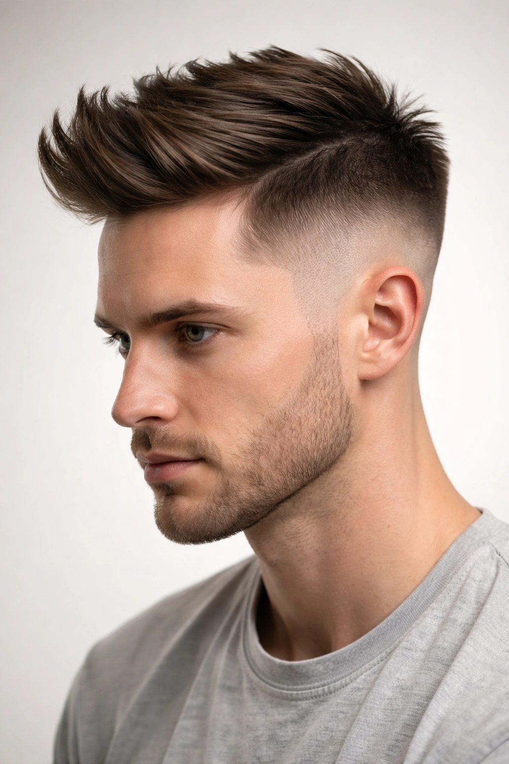 Portrait showing a disconnected modern cut with a clear top-to-sides separation