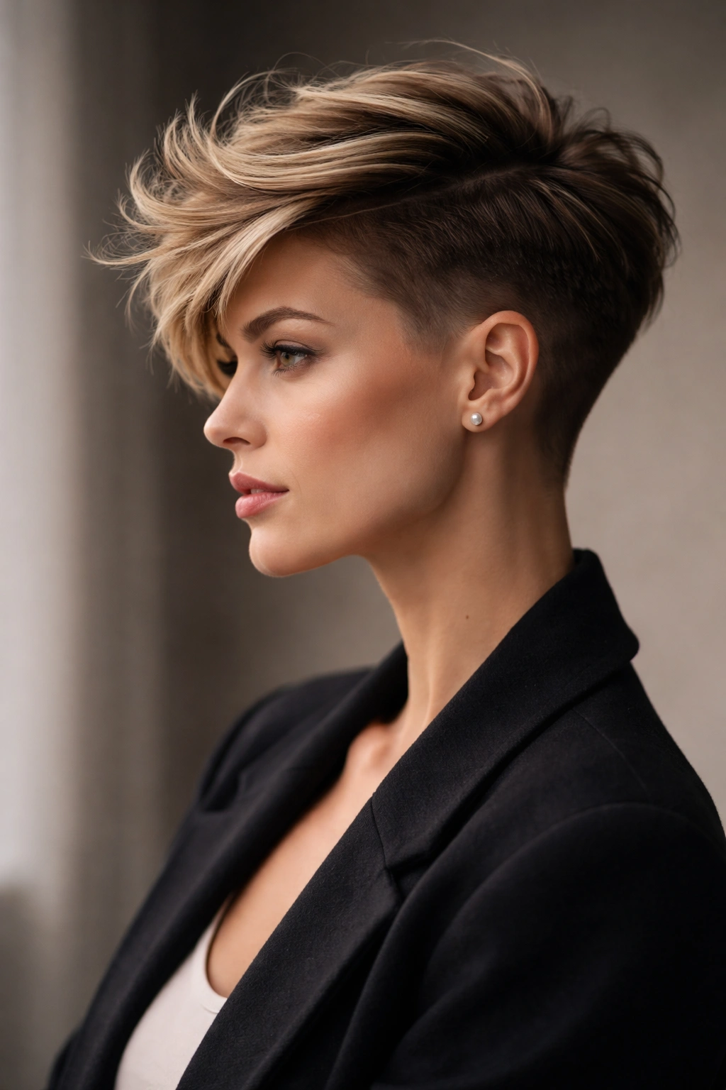 30 Short Haircuts That Flatter Almost Every Woman 30 Portrait of a person with a disconnected cut showing a clearly longer top and shorter sides for architectural contrast.