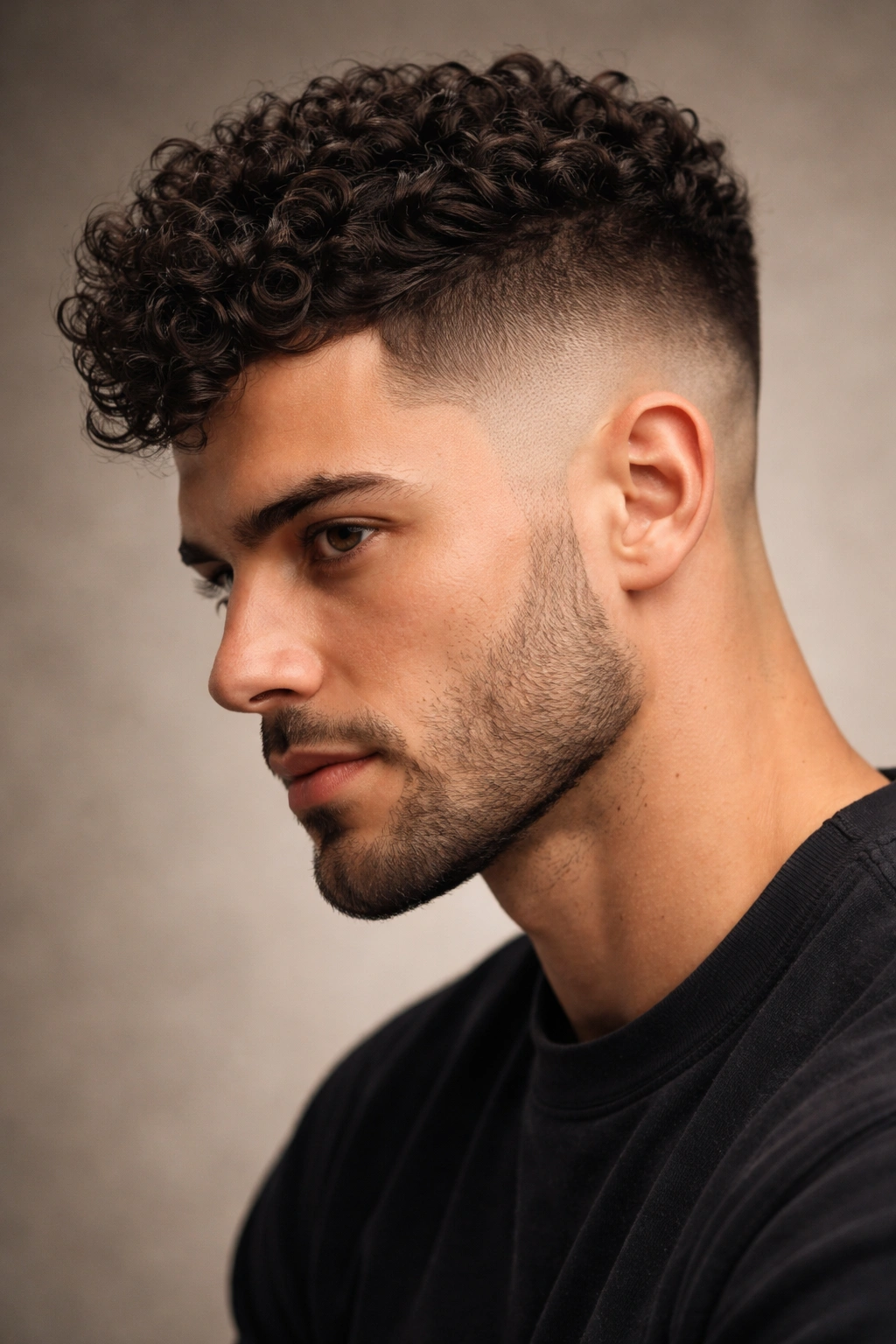 Man with a distinct disconnected fade showing a sharp line between short sides and longer curly top