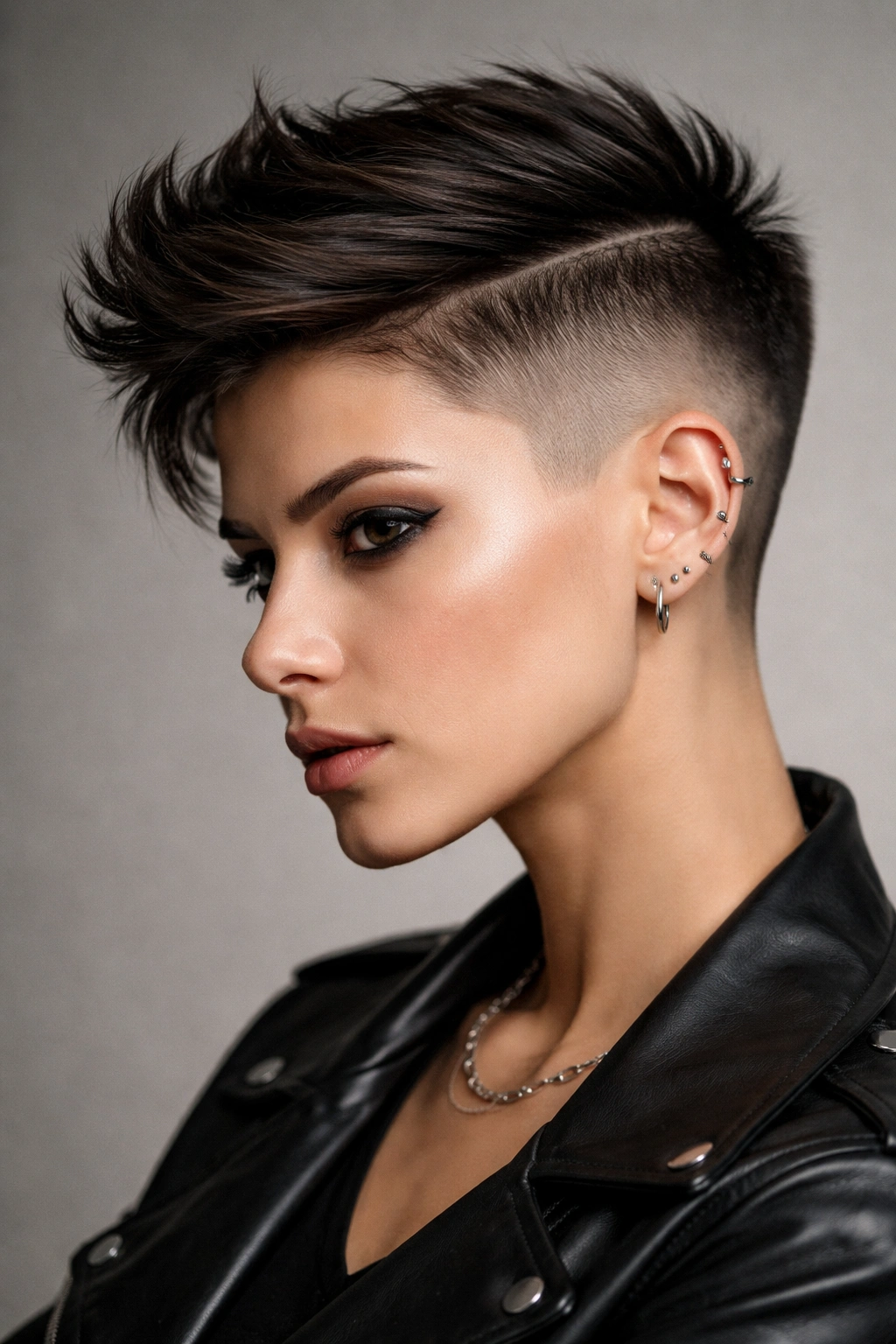 Close-up portrait of a hairstyle with a sharp disconnected fade showing a clear line between short sides and longer top