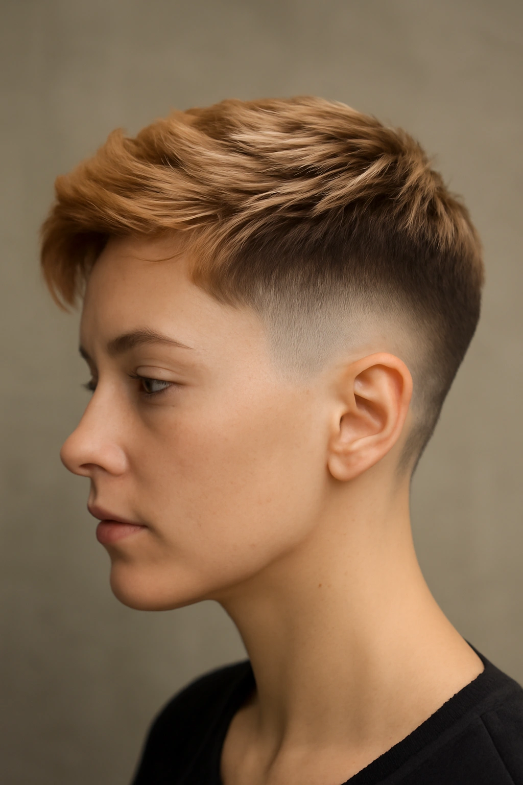 12 Short Ombre Haircuts With a Perfectly Blended Fade 9 Profile of disconnected fade with peachy-blonde ombre highlighting top-side separation.