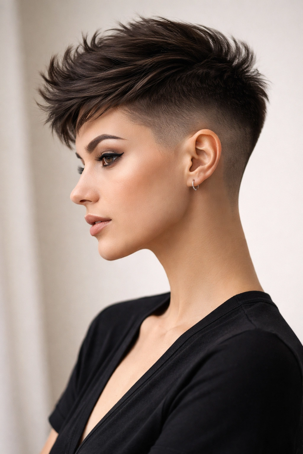 Portrait of a model with a sharp disconnected fade pixie showing strong top volume