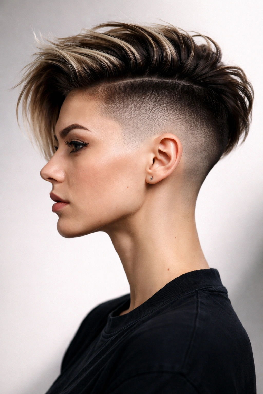 Profile view showing a disconnected fade undercut with a sharp top-sides contrast