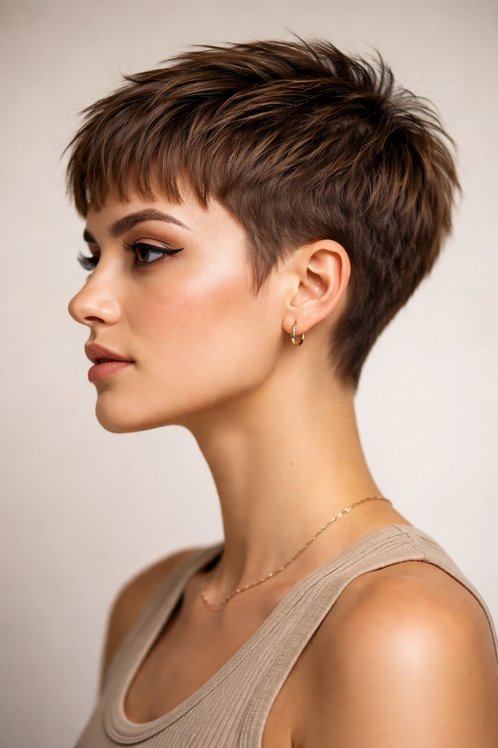 Portrait of a short textured cut with a distinct disconnected fringe