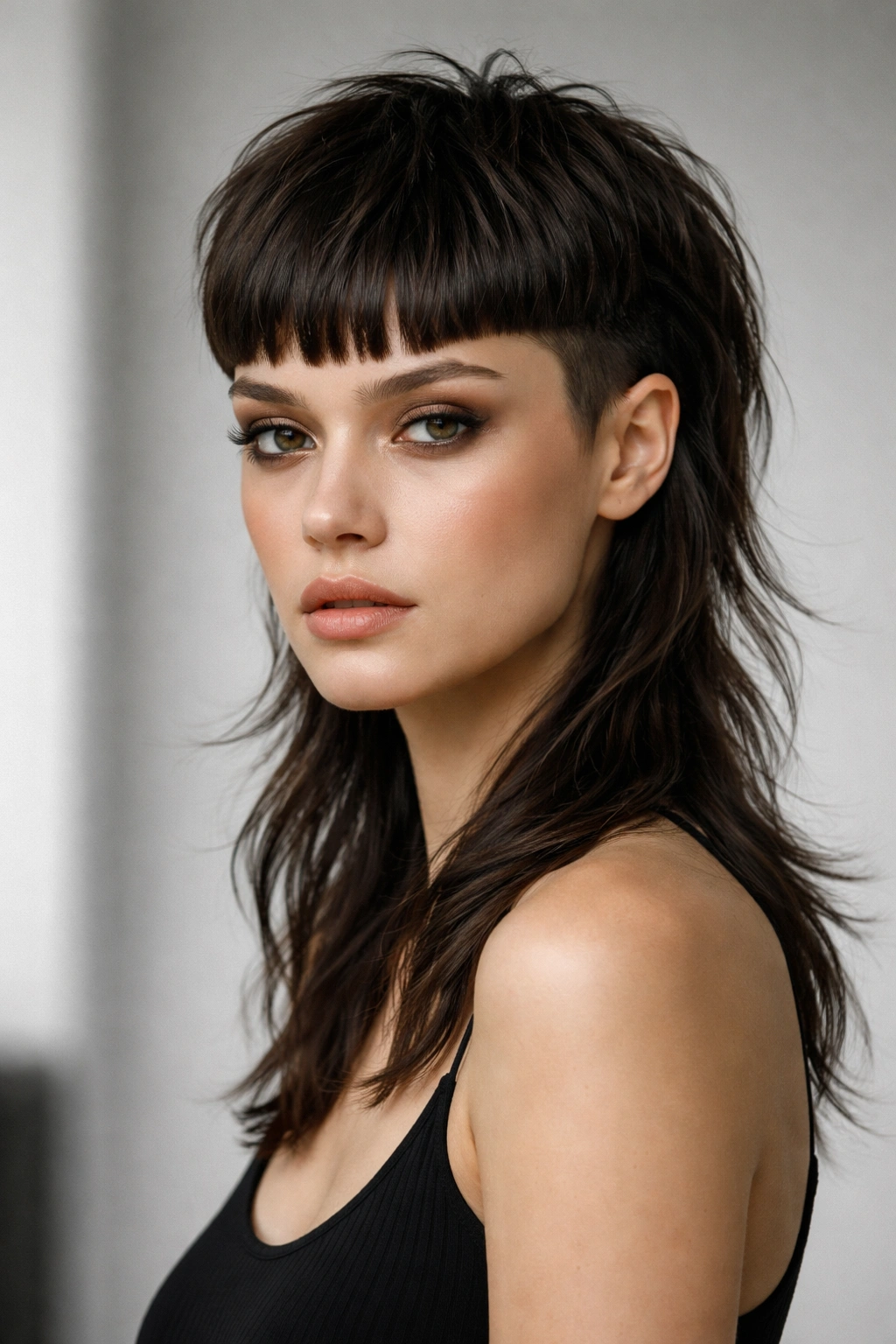 Portrait of mullet with disconnected fringe showing a distinct front fringe