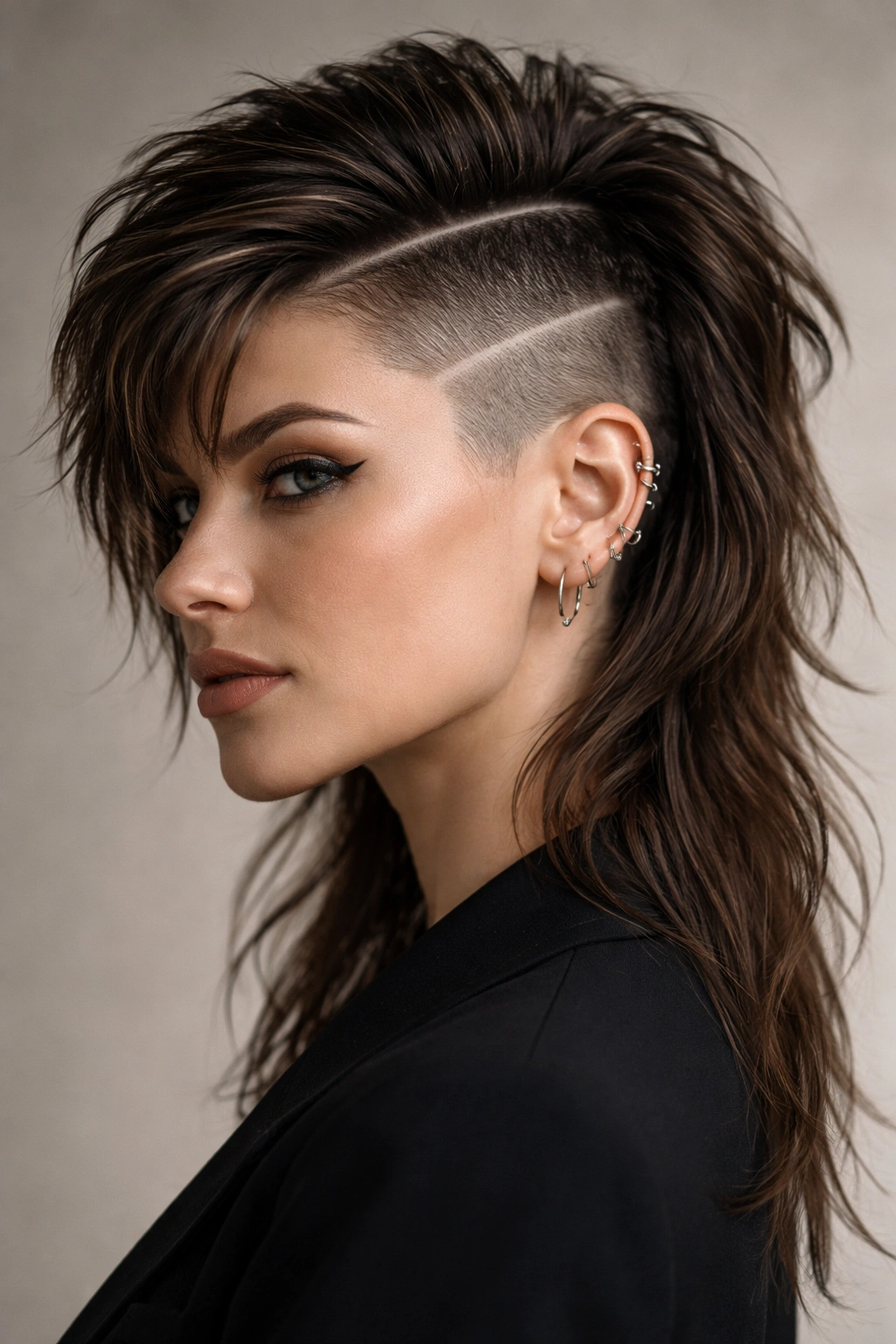 12 Mullet Undercut Styles For Bold Women To Try 9 Head-on view showing a bold hard part dividing the mullet into distinct sections.