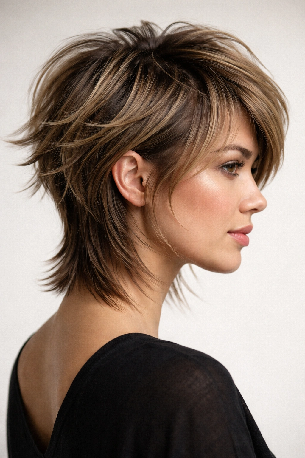 15 Short Layered Haircuts With Beautiful Movement 12 Side profile of disconnected layers haircut showing clear length gap