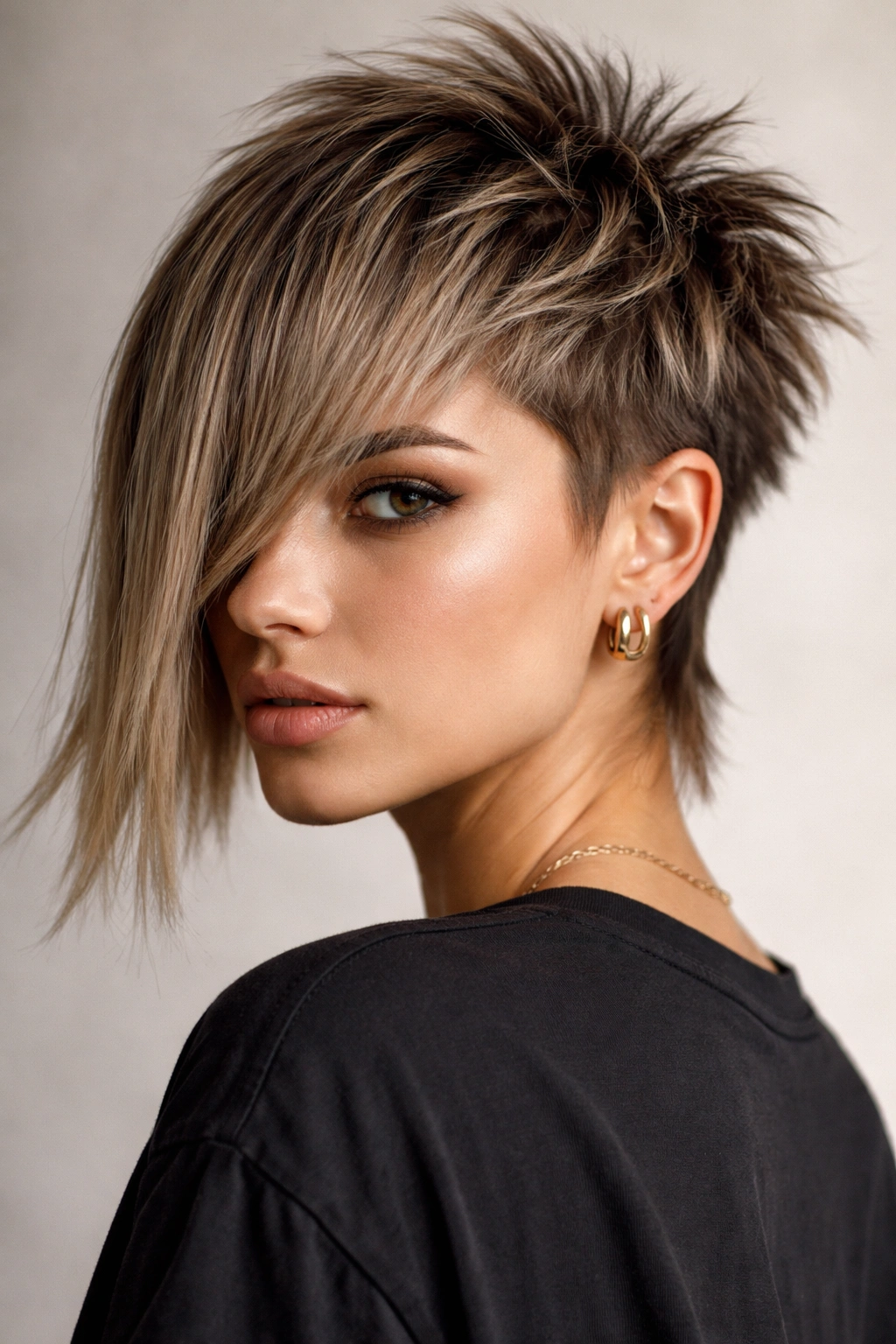 Close-up of a model with a blunt front and disconnected layered crown in studio lighting