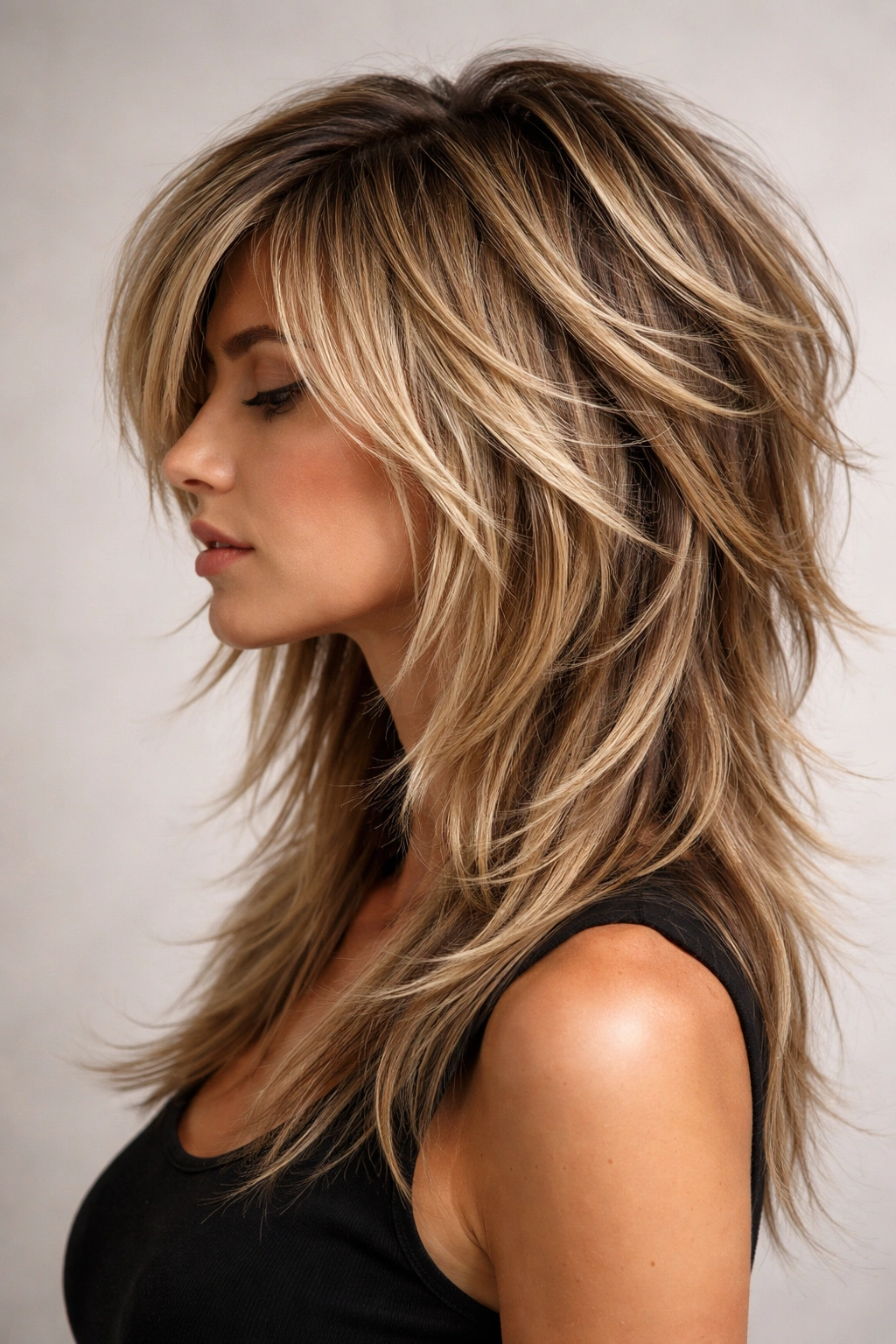 Hair with clearly separated, choppy layers for a bold texture look.