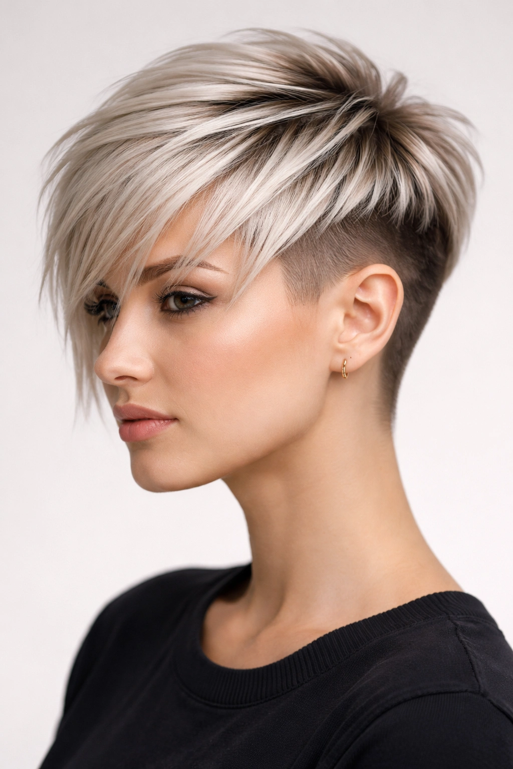 Portrait showing disconnected layers with undercut elements on straight hair in a controlled studio