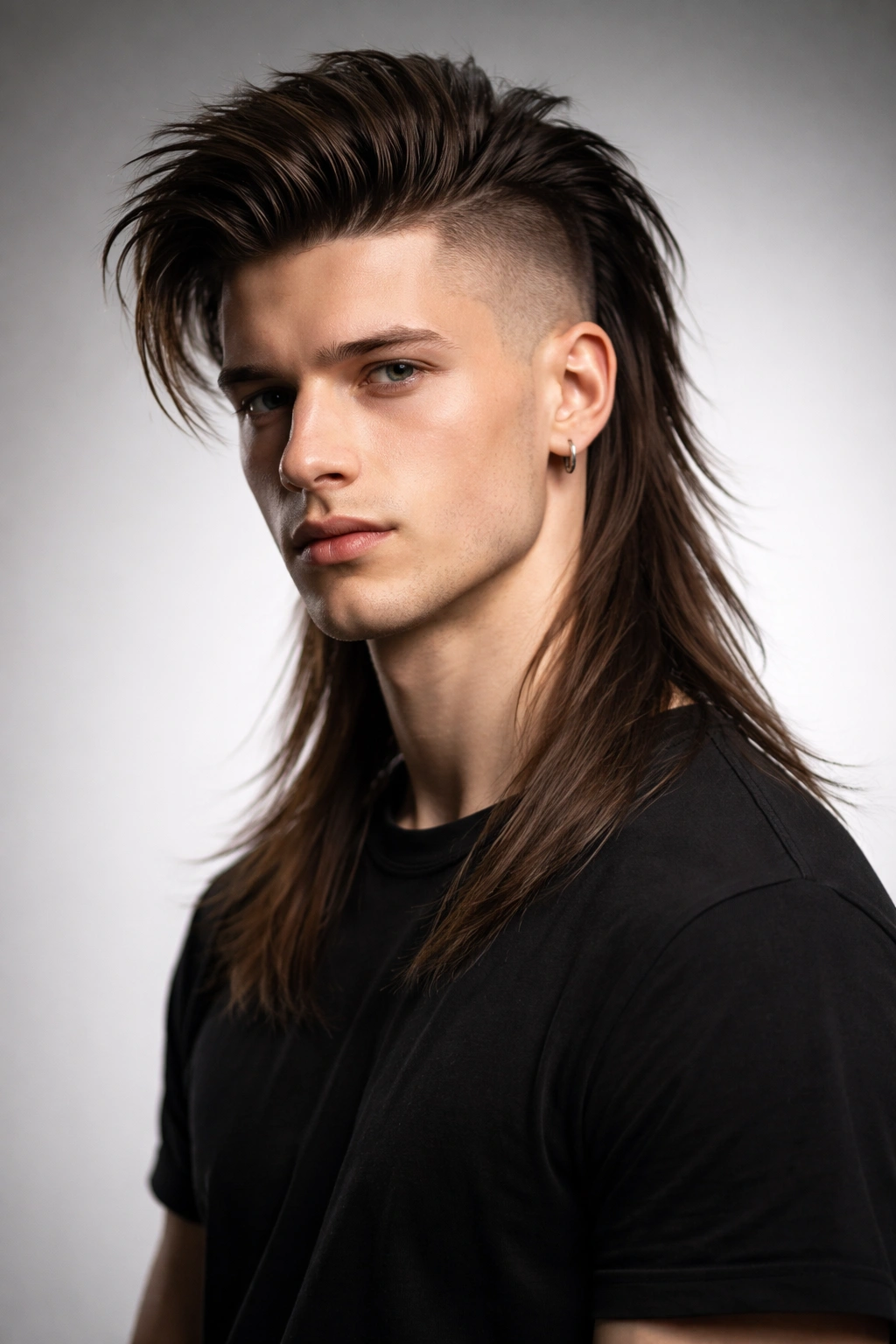 Portrait of a person with a disconnected mohawk mullet showing shaved sides and long top/back