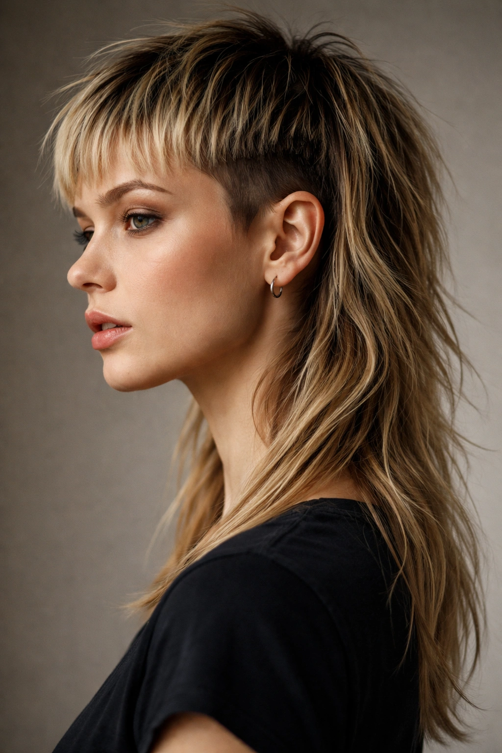 20 Flattering Mullet Cuts Women Are Requesting 11 Profile of a woman with a disconnected mullet showing a stark front/back separation