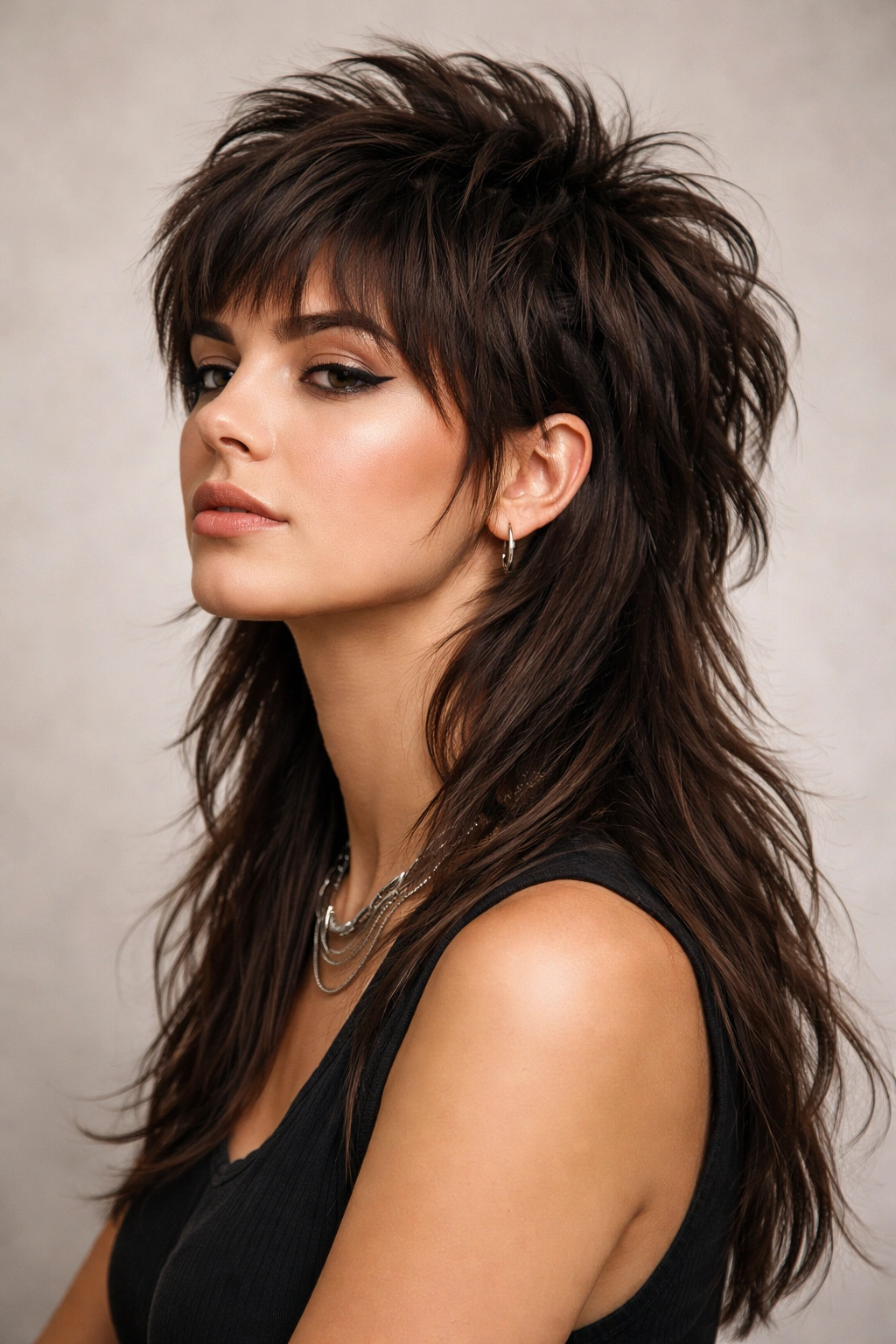 Close-up portrait of a thick-haired model with a classic disconnected mullet showing short front and long back