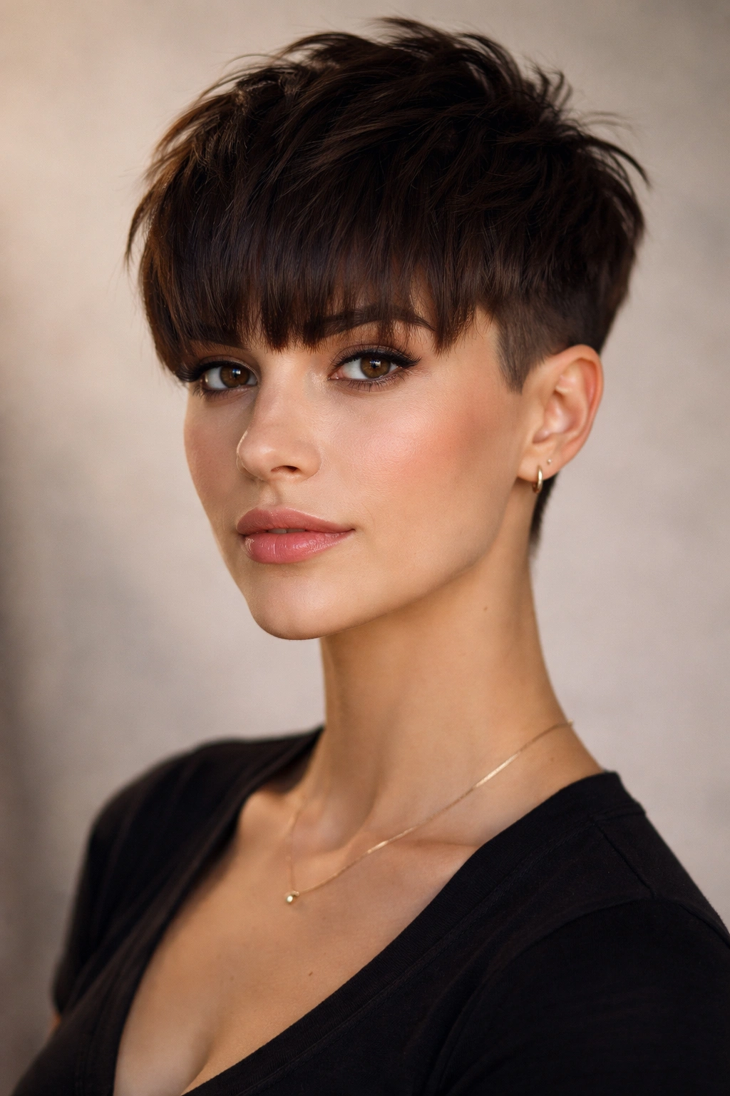 12 Pixie Haircuts With Bangs For Round Faces 9 Disconnected pixie with thick bangs and sharp top-side contrast