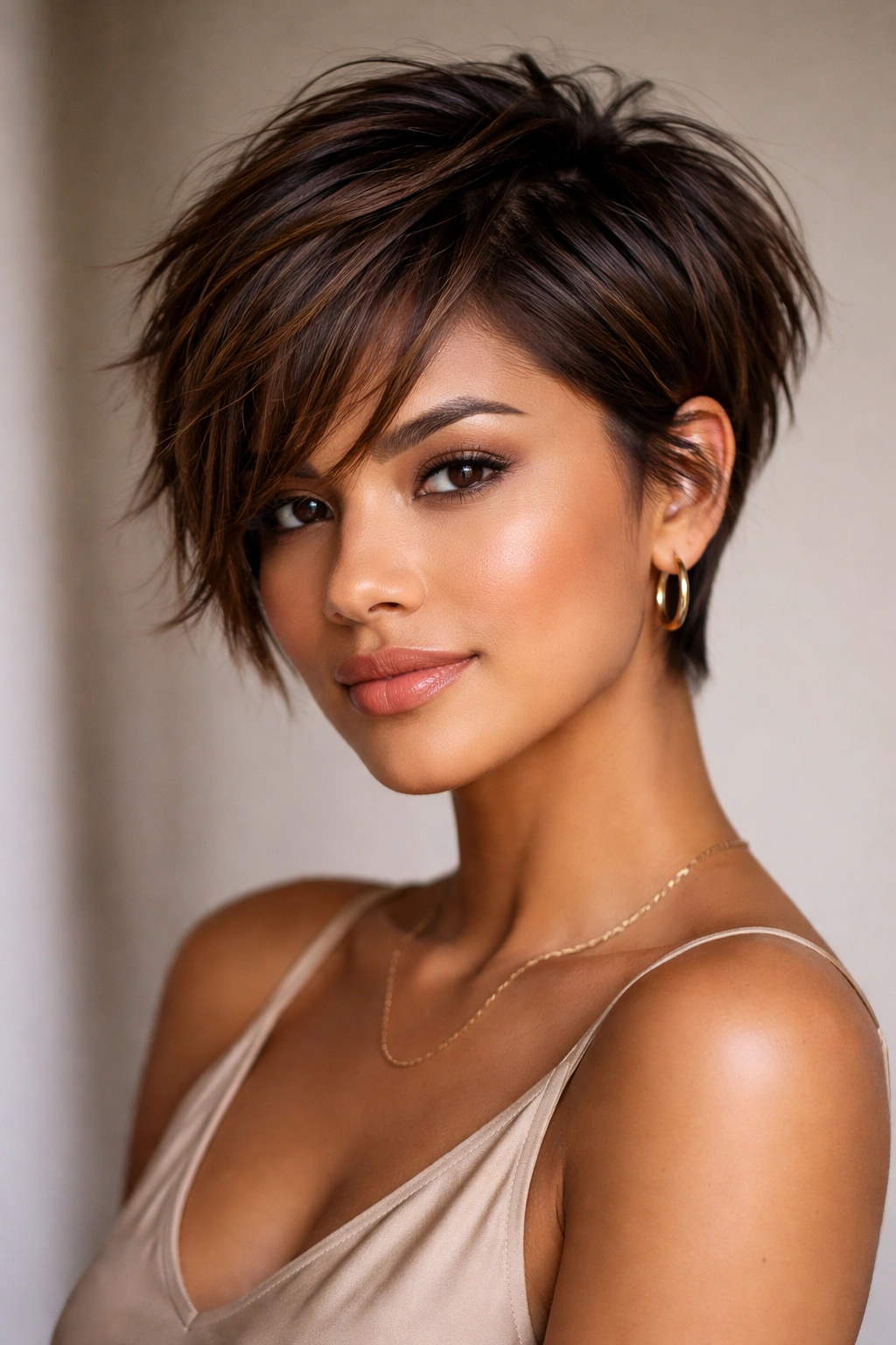 Latina woman with a disconnected pixie bob hairstyle
