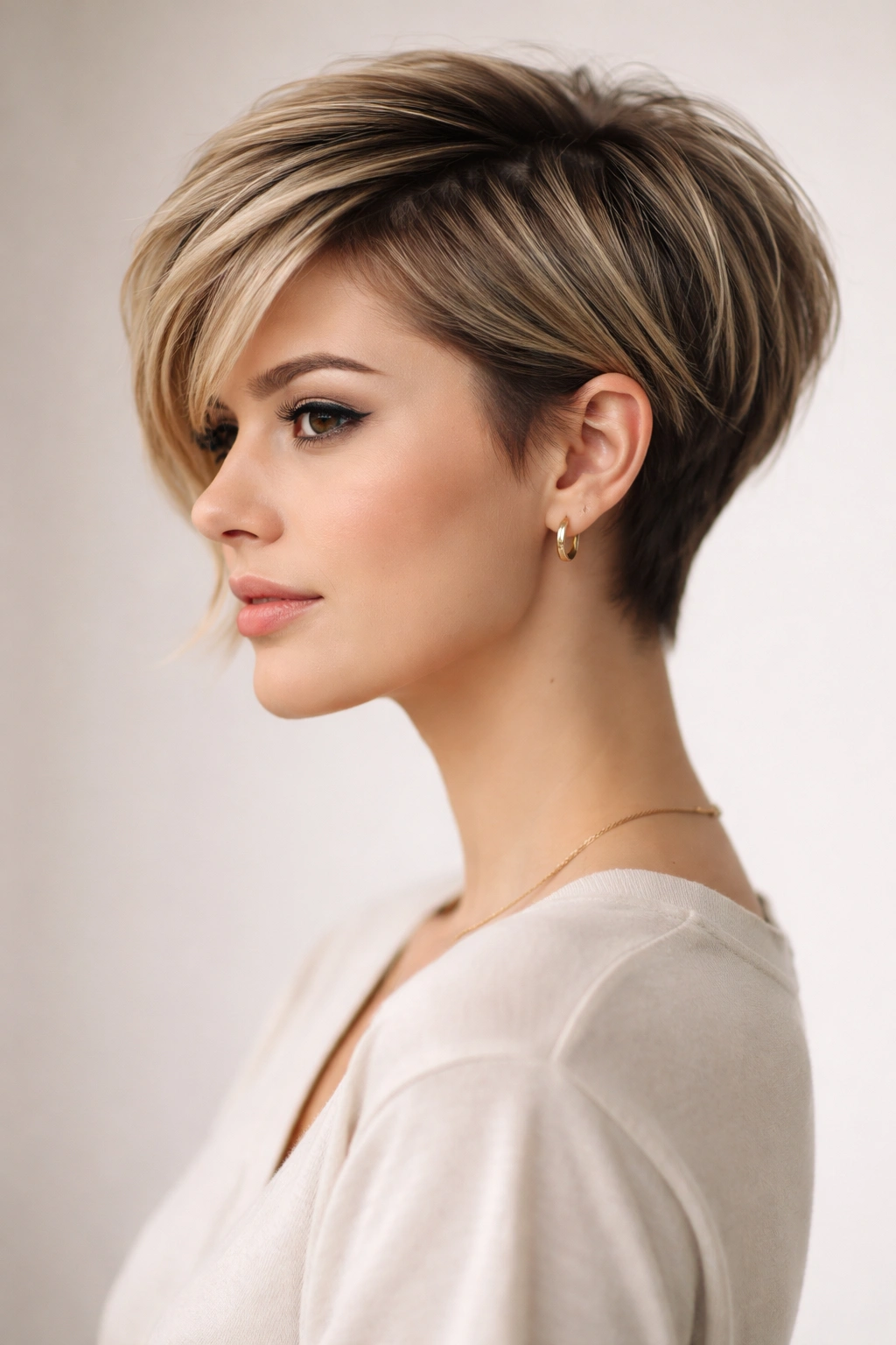 Disconnected pixie bob hybrid hairstyle showing short sides and longer back