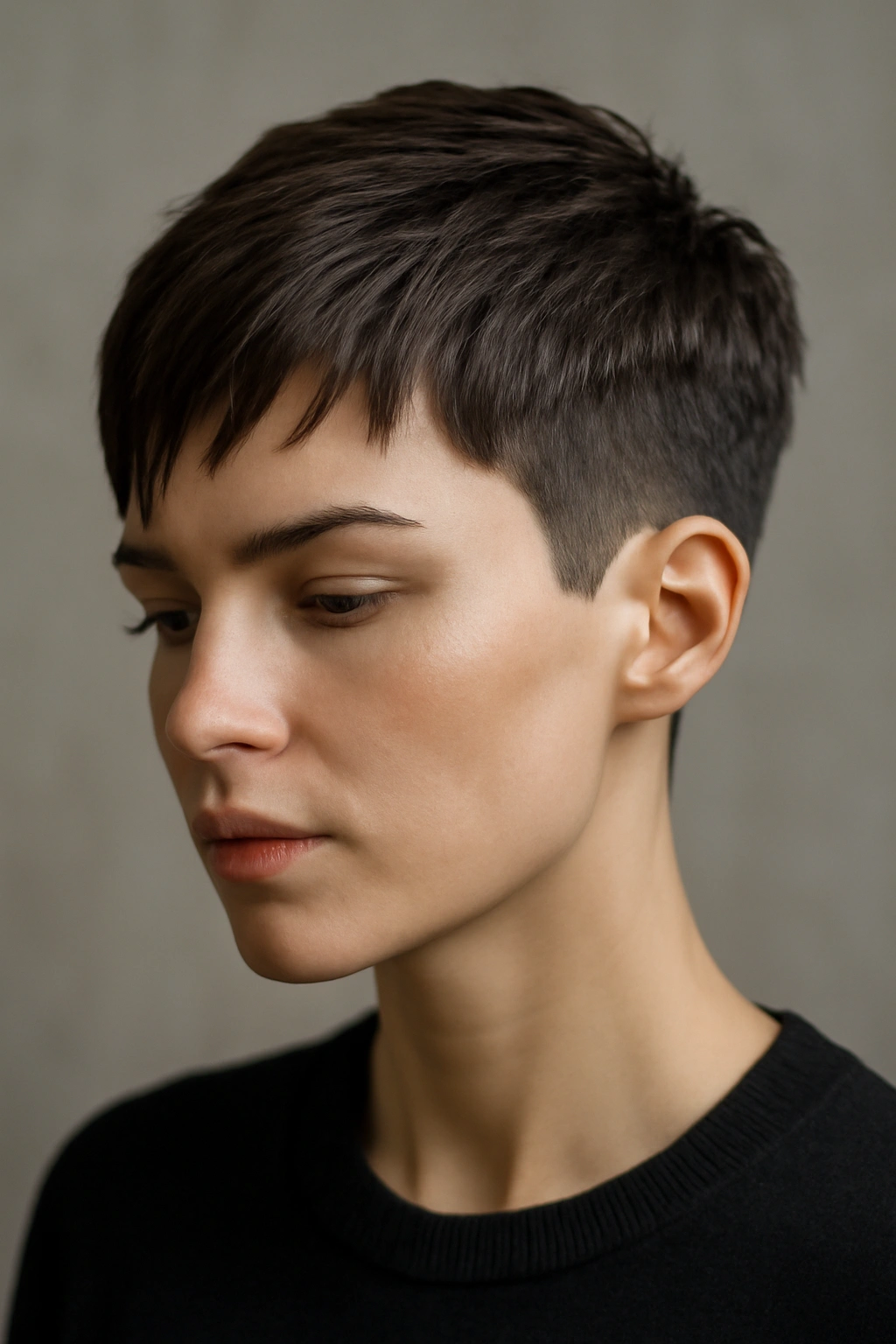20 Pixie Styles Ranging From Classic To Edgy 12 Disconnected pixie showing clear plane divisions and architectural lines.