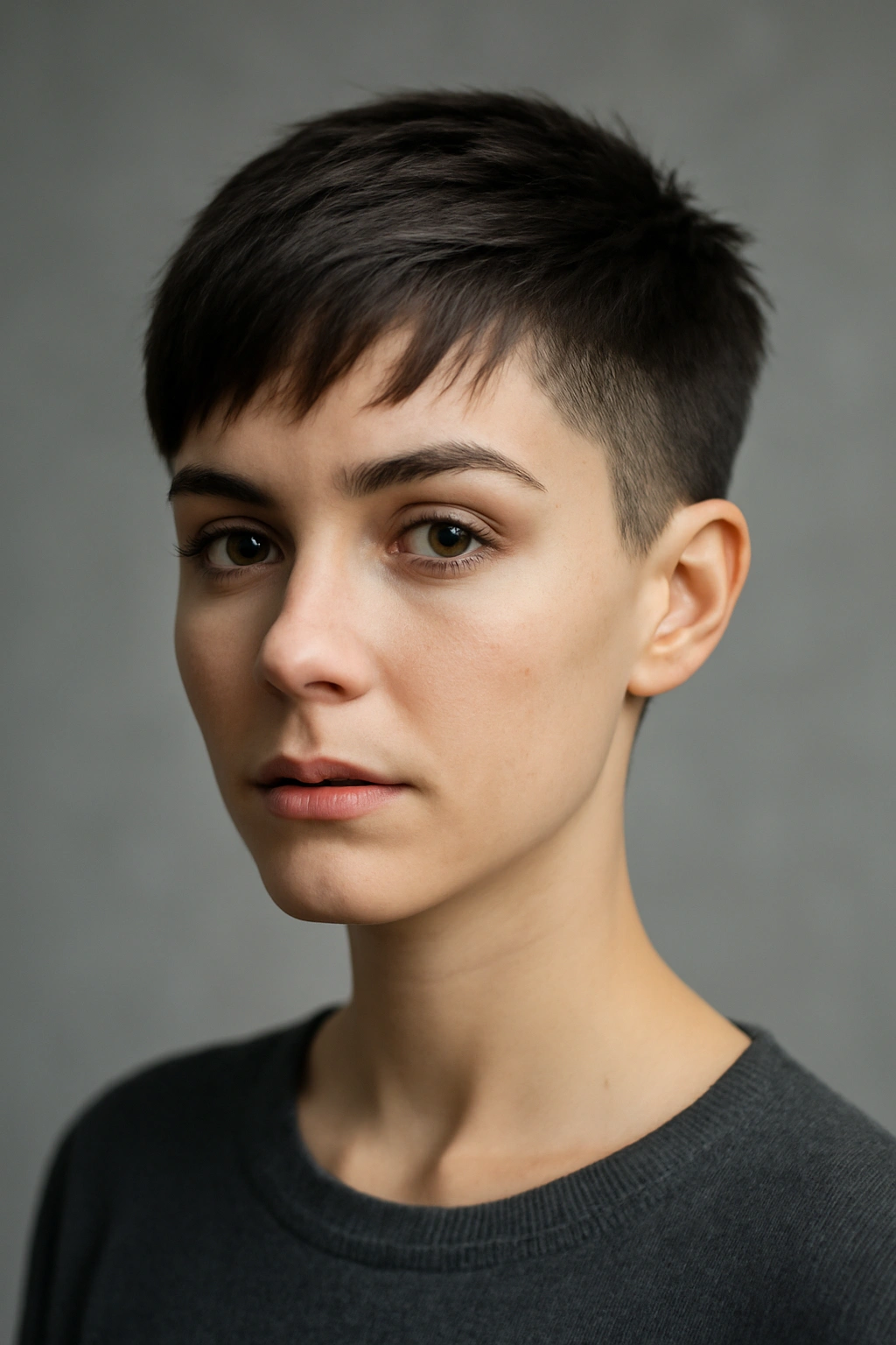 Close-up portrait of a model with a disconnected pixie showing sharp top-to-sides contrast