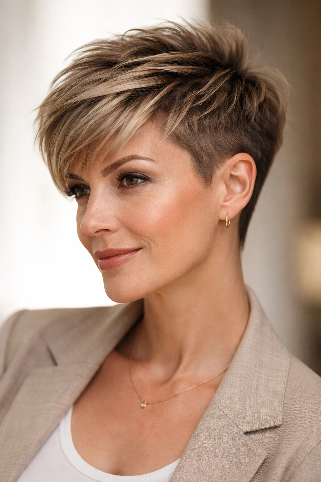 15 Short Haircuts For Women In Their 40s And 50s 9 Close-up of a woman with a modern disconnected pixie hairstyle and short sides.