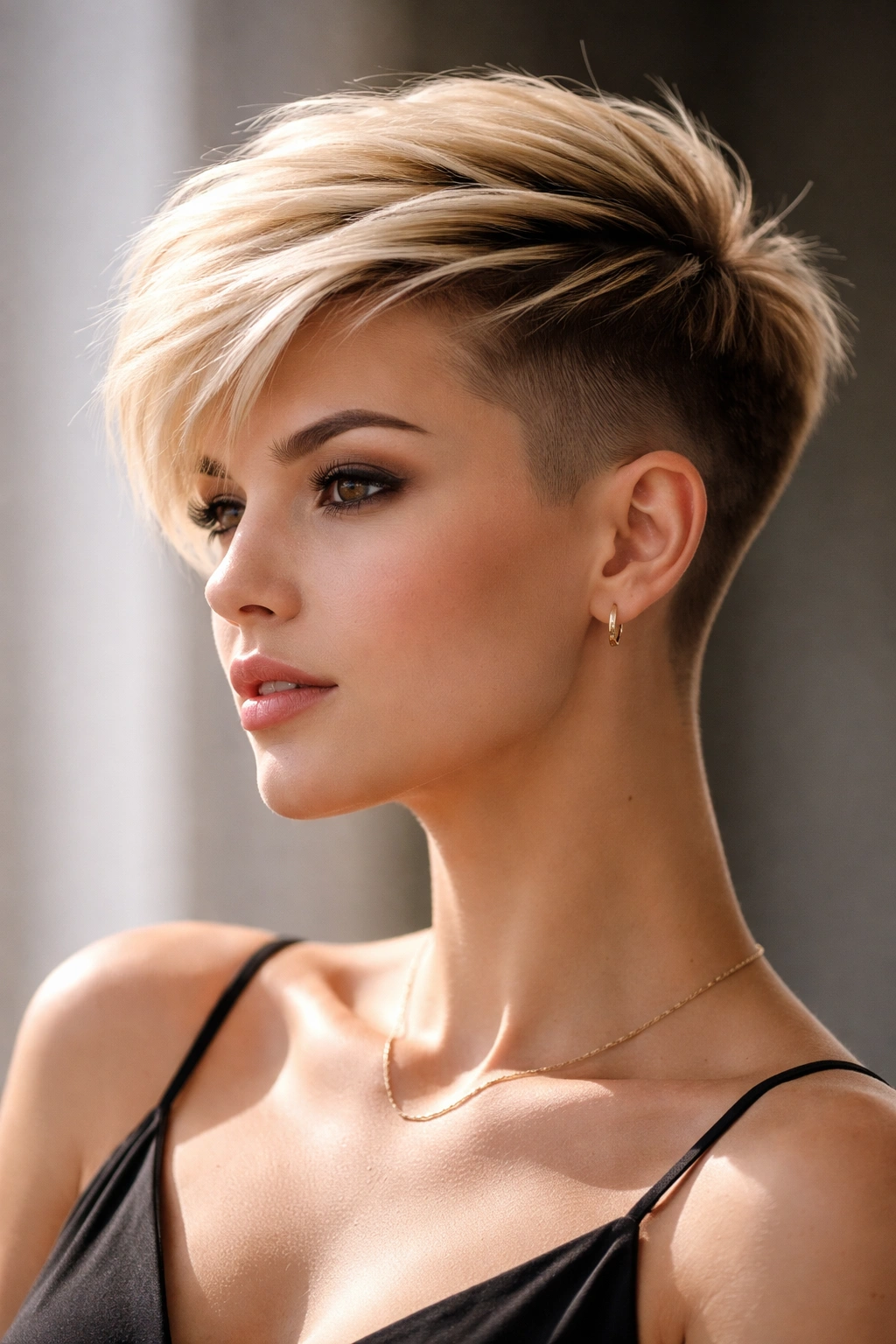 Portrait of a model with a disconnected pixie undercut highlighting the crown-sides contrast