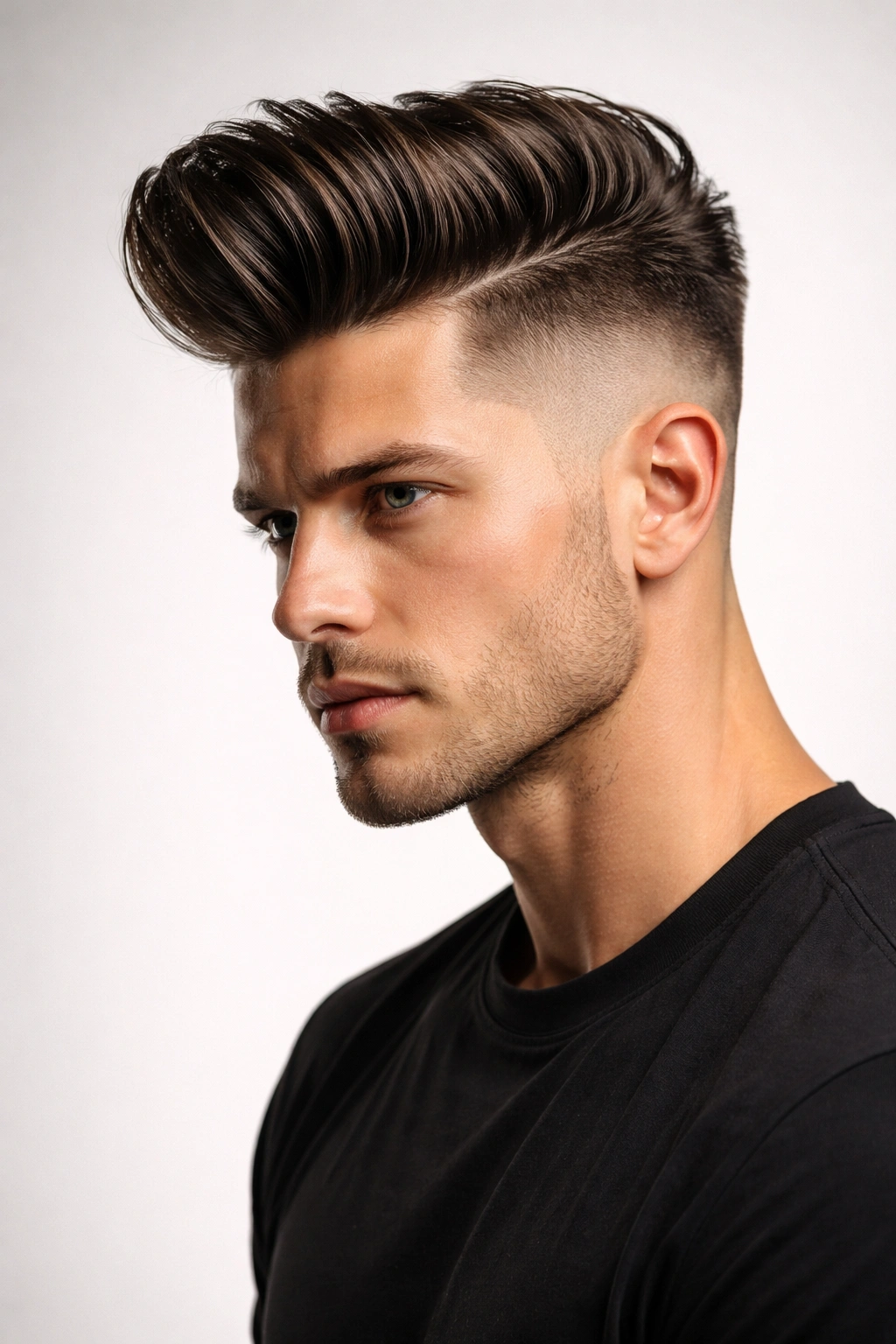 Male model with a disconnected pompadour, sharp top-to-sides contrast.