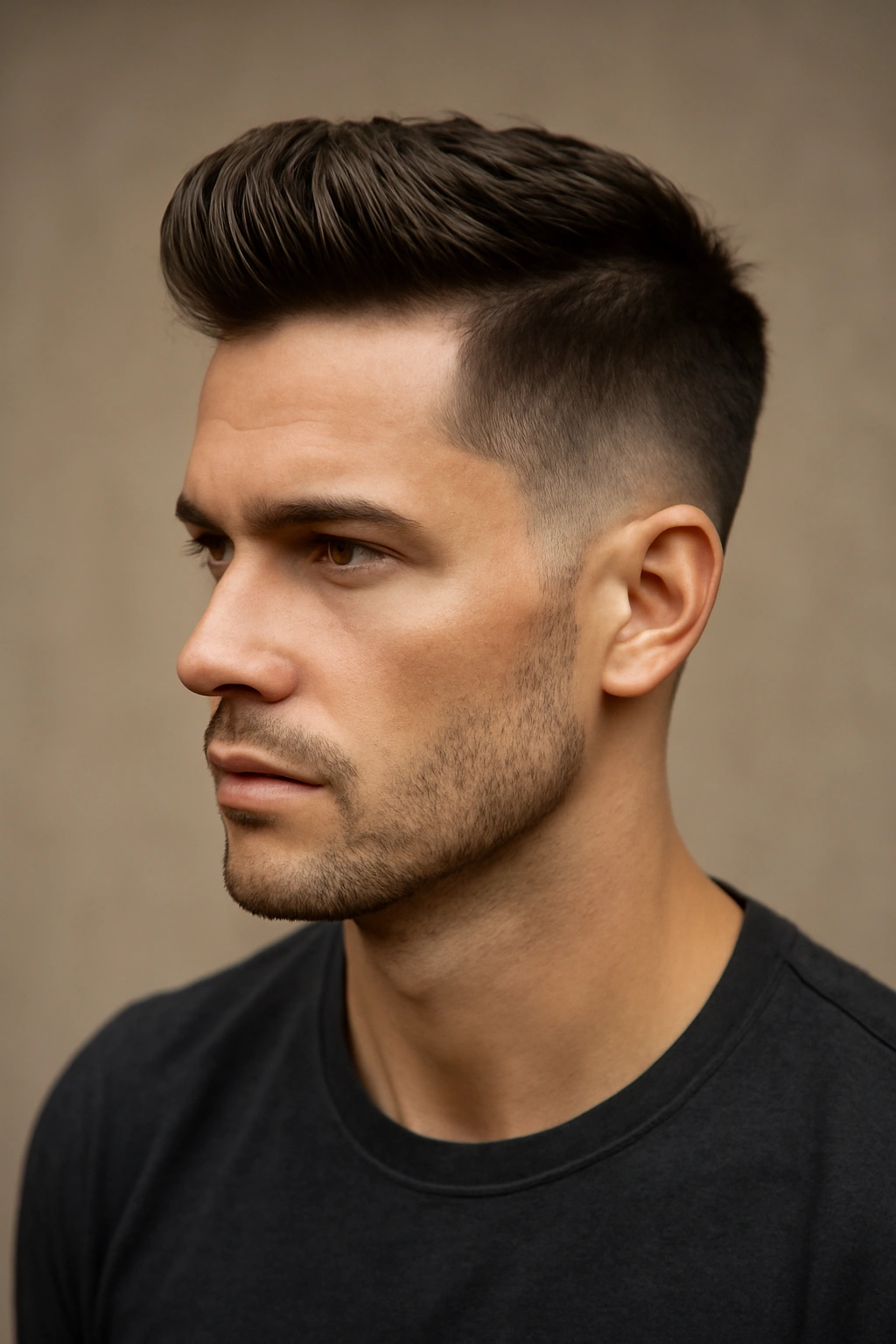 15 Sharp Short Haircuts Every Man Should Try 14 Portrait of a man with a disconnected quiff showing a sharp line between long top and short sides.