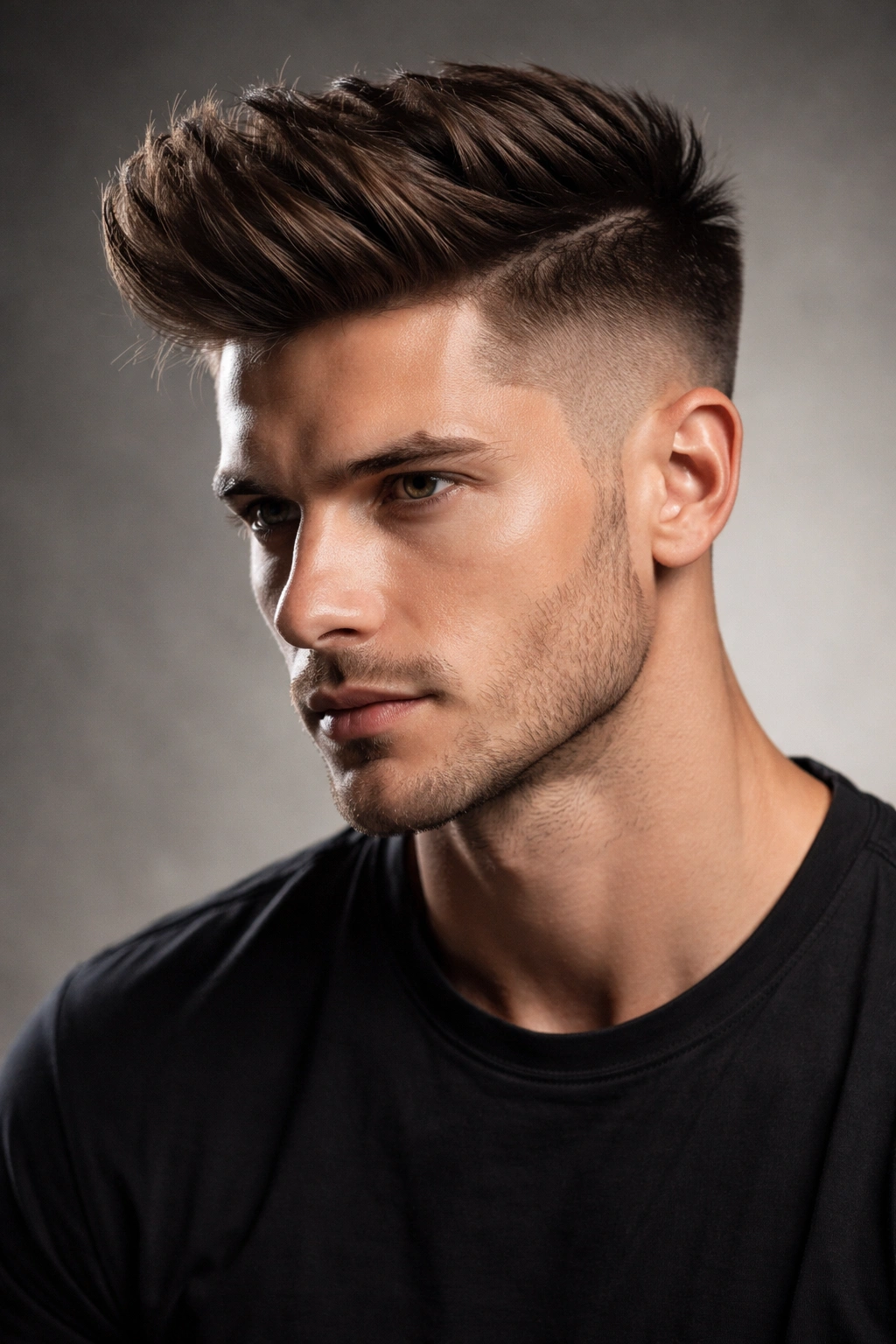 Man with a disconnected quiff showing a sharp top-sides line