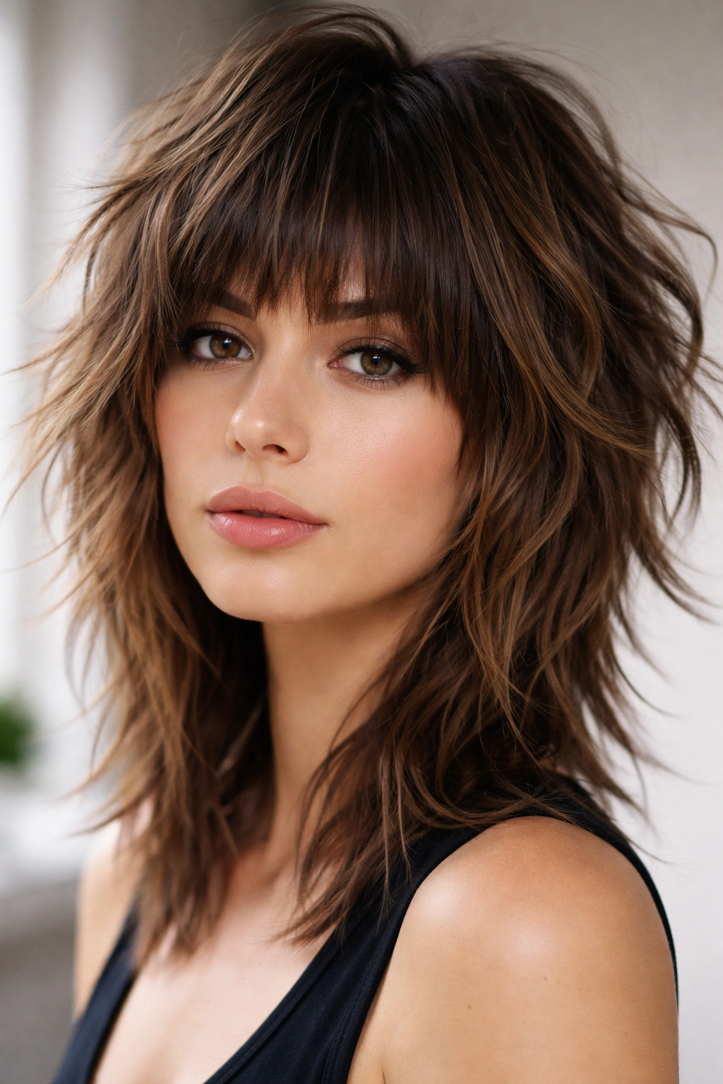 15 Short Shag Haircuts With Lived In Texture 12 Disconnected shag with bangs showing clear hair section separation
