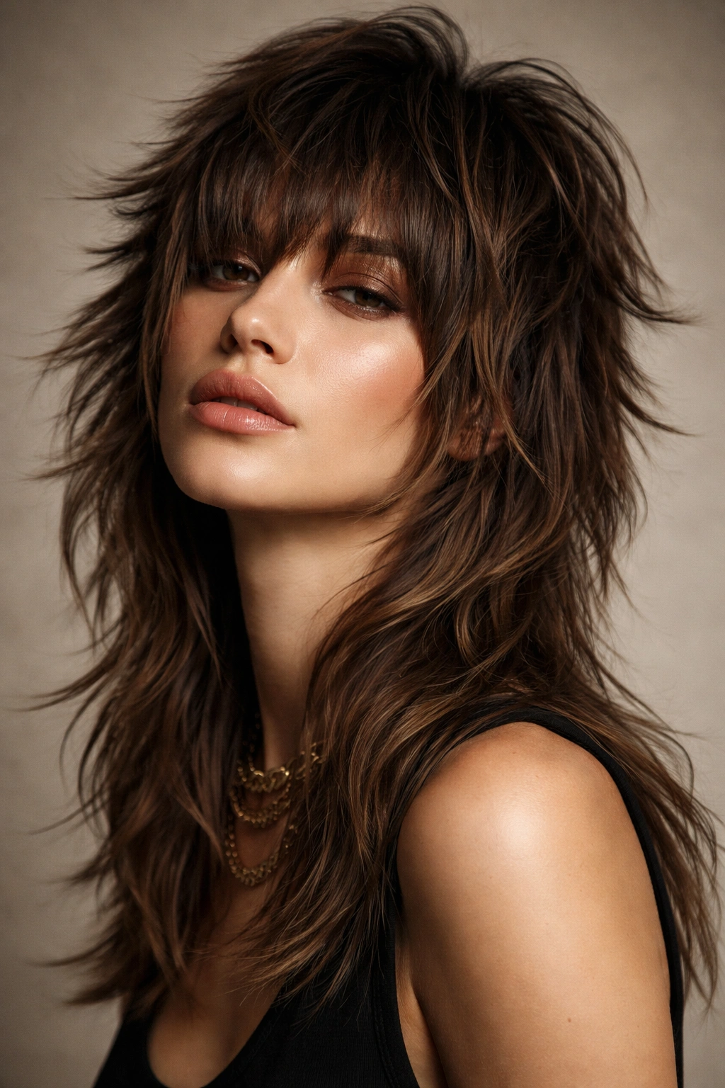 Portrait of a person with disconnected shag featuring shorter top layers and longer bottom layers for dramatic contrast.