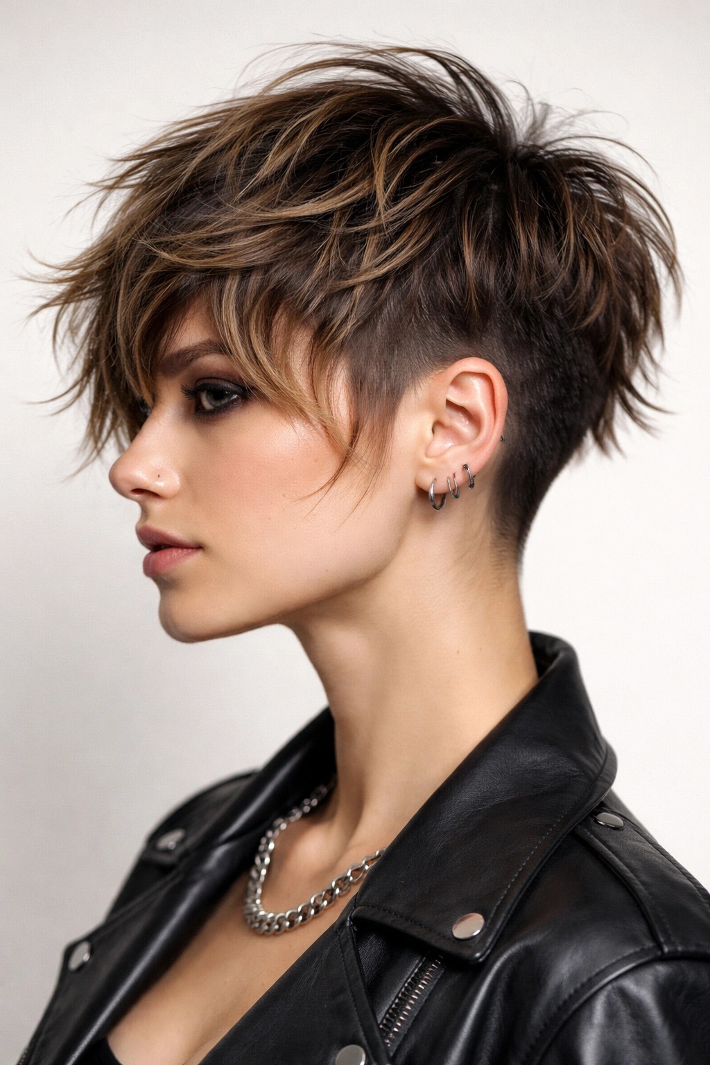 Portrait of a person with a disconnected shag and short undercut emphasizing top texture