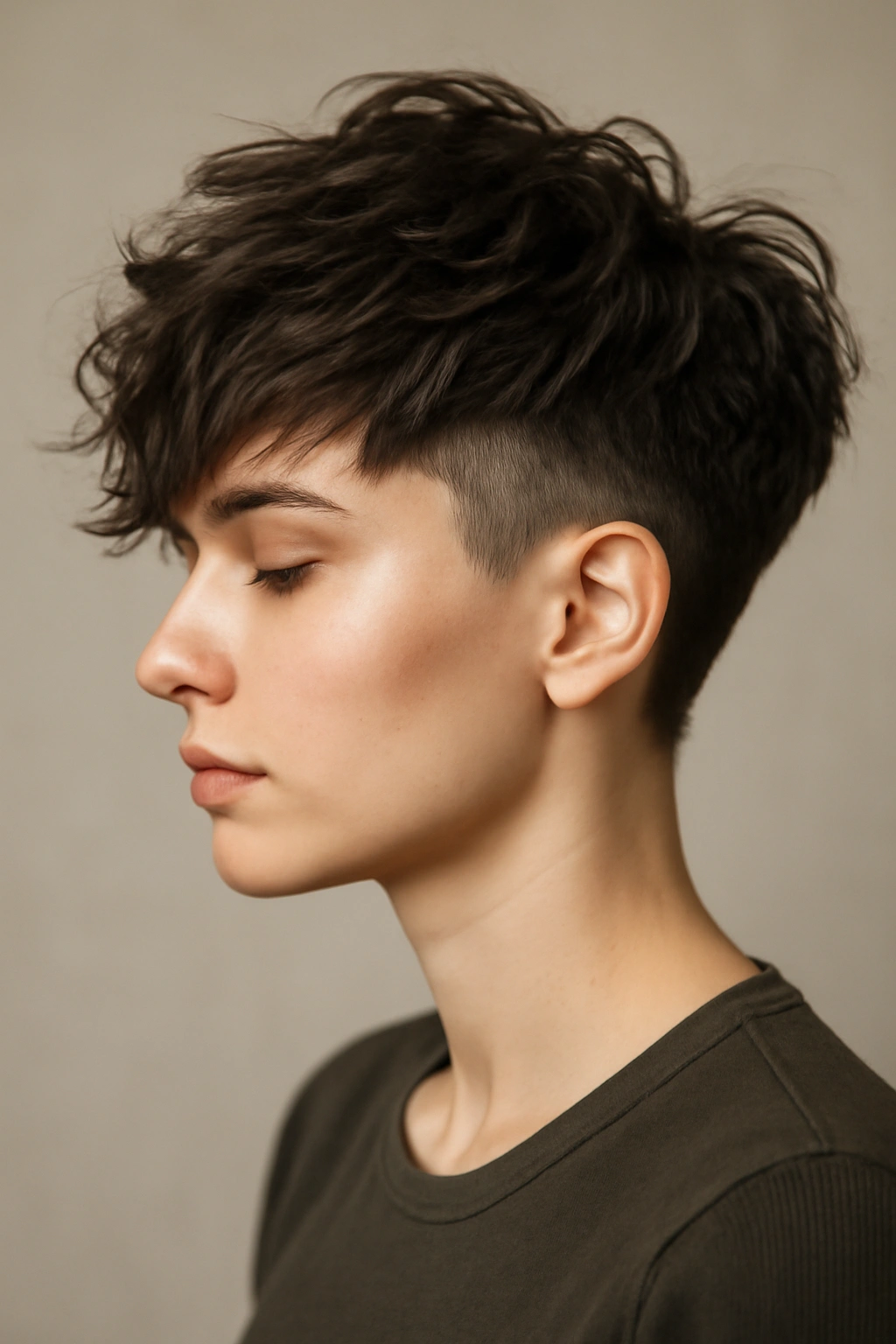 Profile view of a disconnected shag with a clearly undercut.