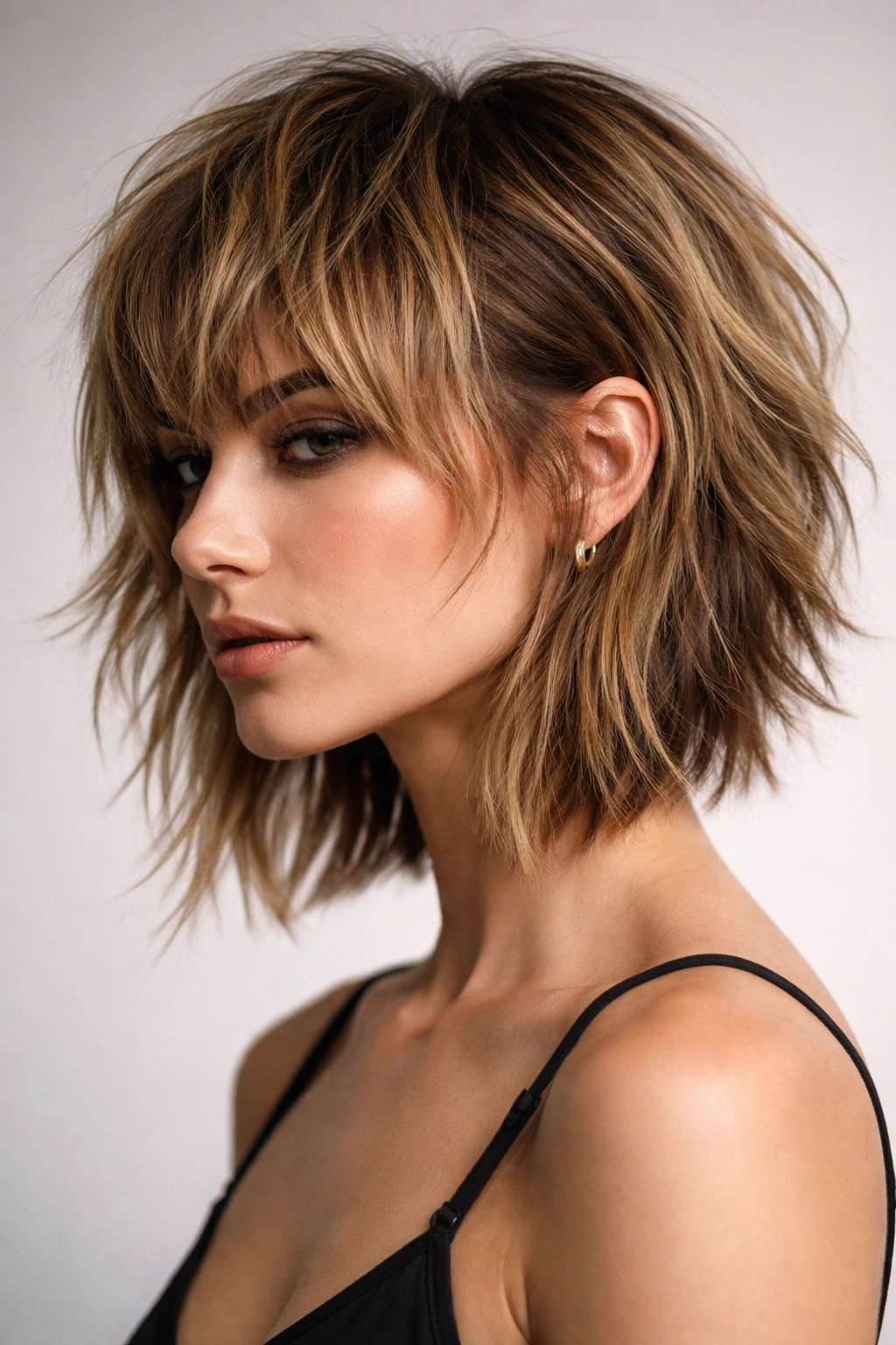 Disconnected shaggy bob with short top and longer bottom
