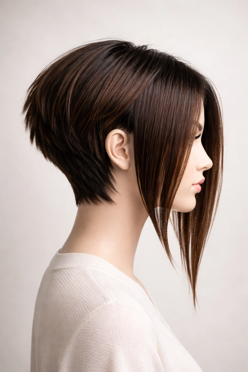Hair with back stacked short and longer front pieces showing a distinct disconnection.