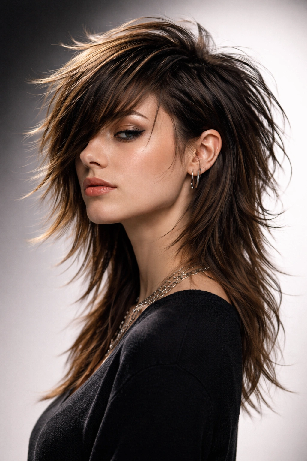 Three-quarter portrait of a side-swept mullet shag with longer back in studio lighting.
