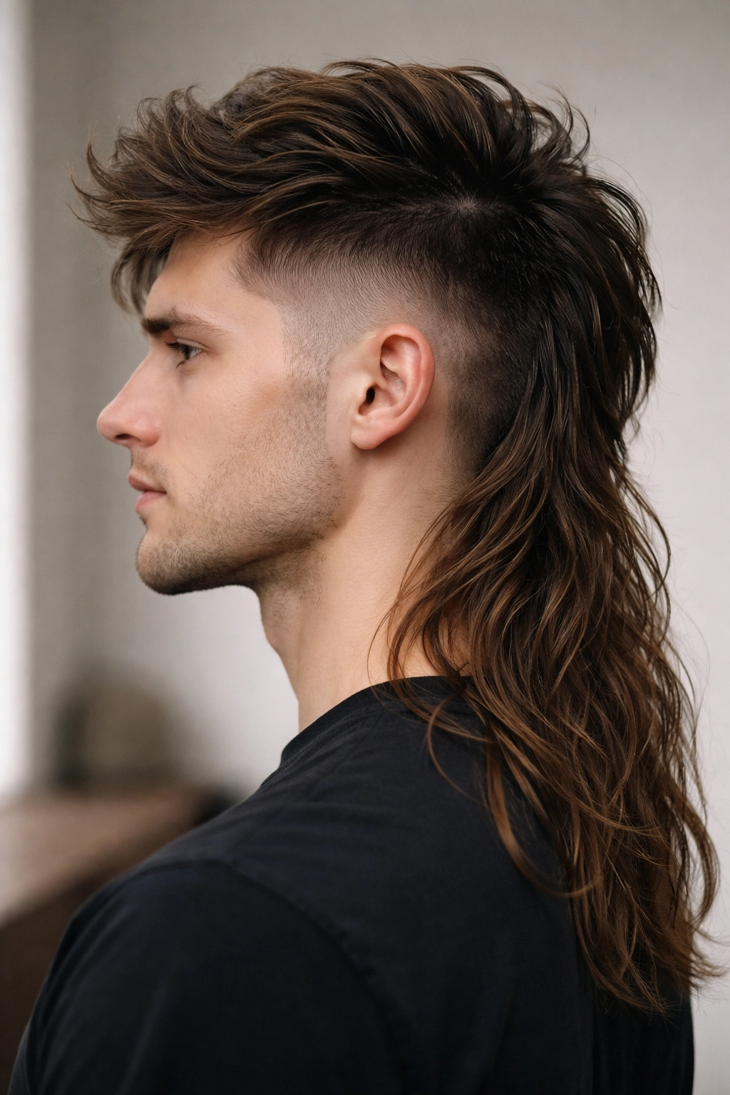 Long mullet with disconnected sides and a sharp fade