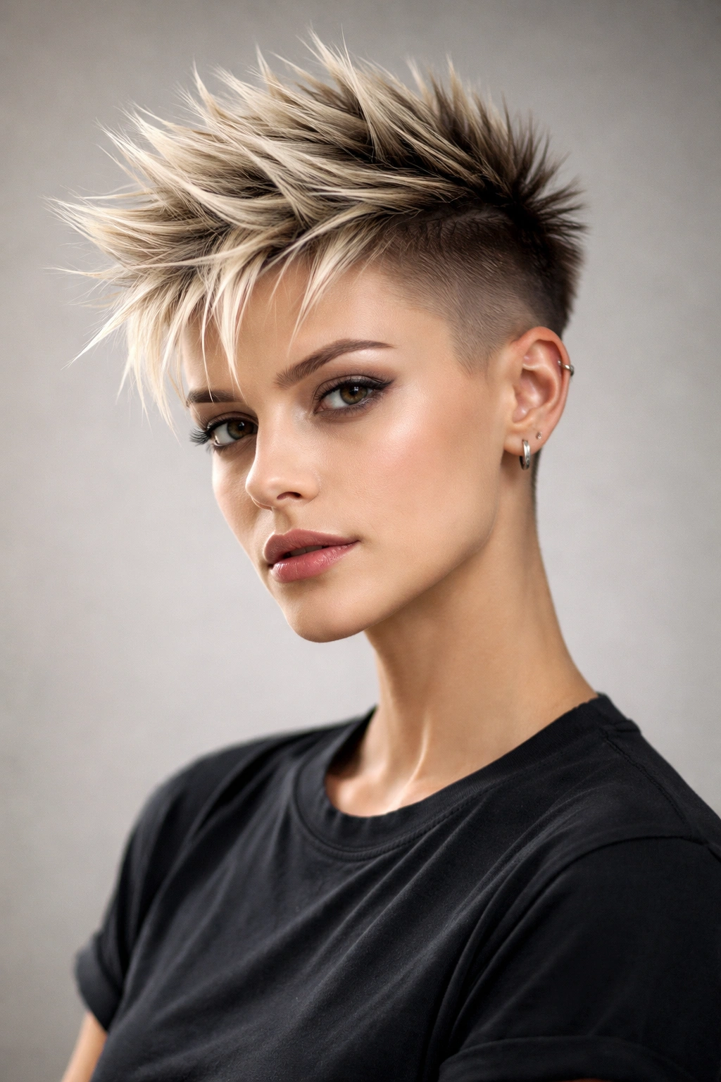 Portrait of a disconnected spike pixie with tall top spikes and shaved sides.