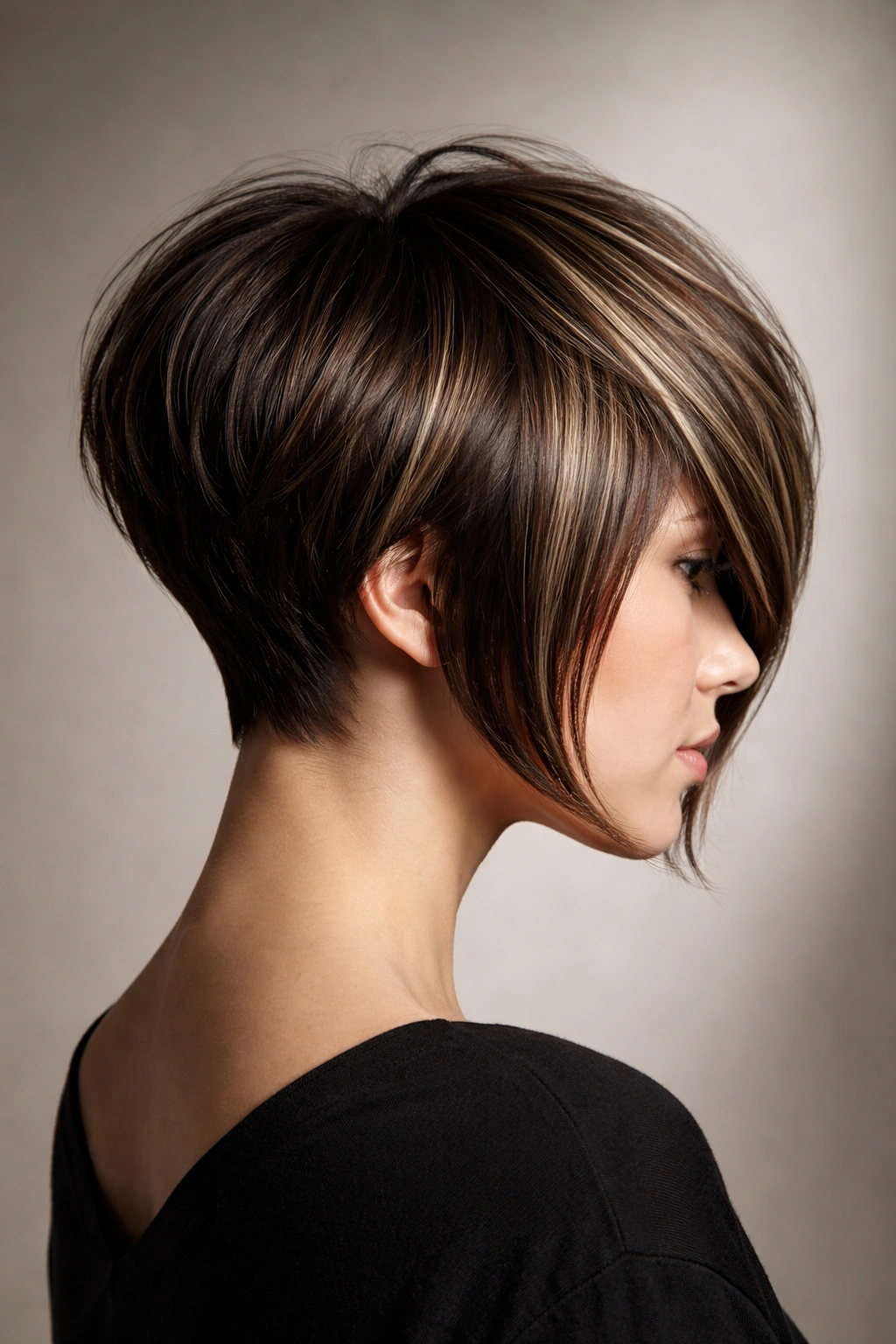 18 Stacked Bob Styles From Short To Medium Length 7 Close-up of a model with a disconnected stacked bob showing a sharp crown-to-length disconnect