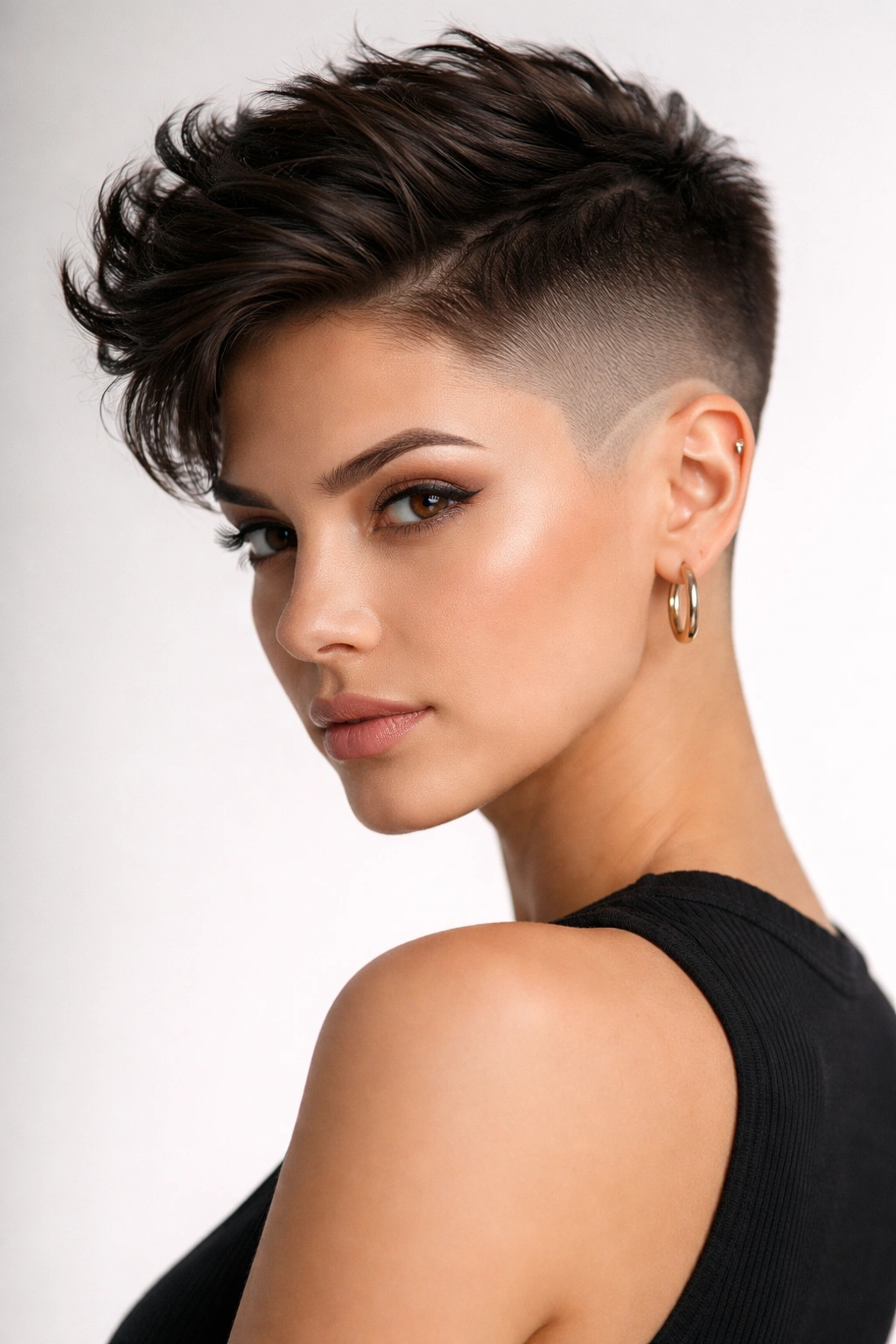 Portrait of a woman with a sharp disconnected taper fade showing stark top-to-sides contrast