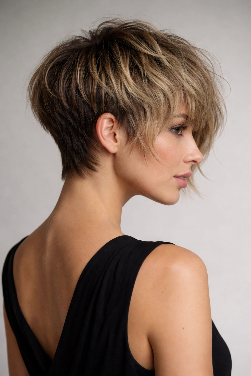 Close-up of a disconnected texture bob with a sharp back-length contrast