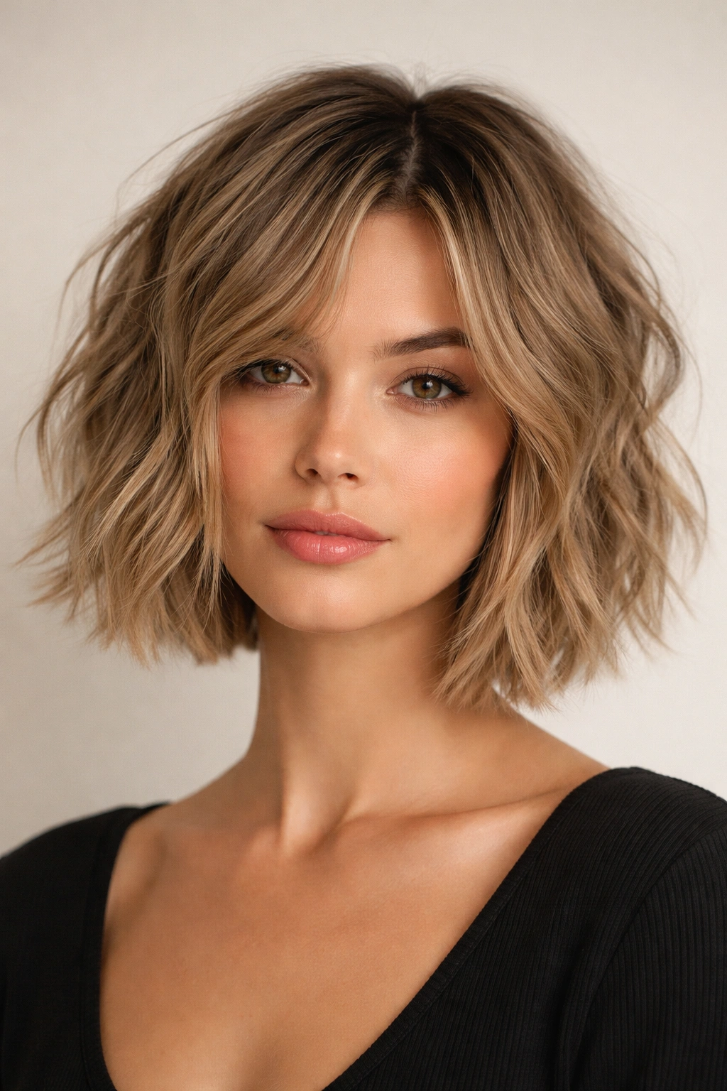 Close-up of a chin-length disconnected textured bob with visible, separated layers.
