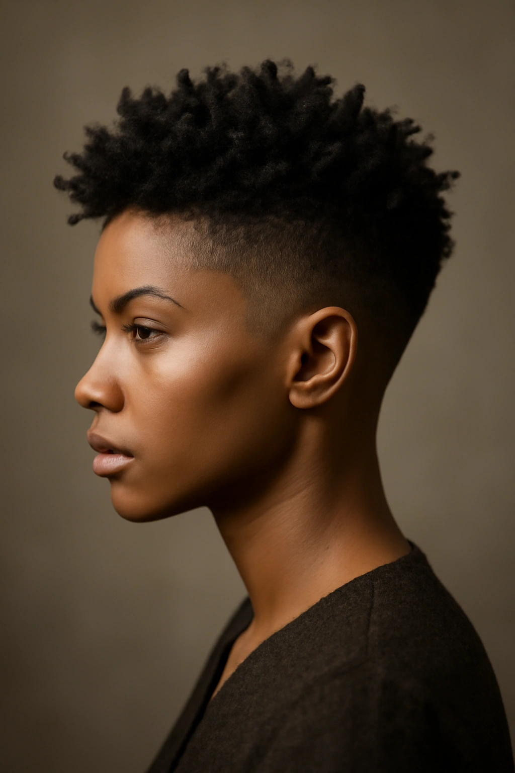 30 Short Haircuts for Black Women 14 Portrait showing a disconnected textured crop with a clearly longer crown and short sides