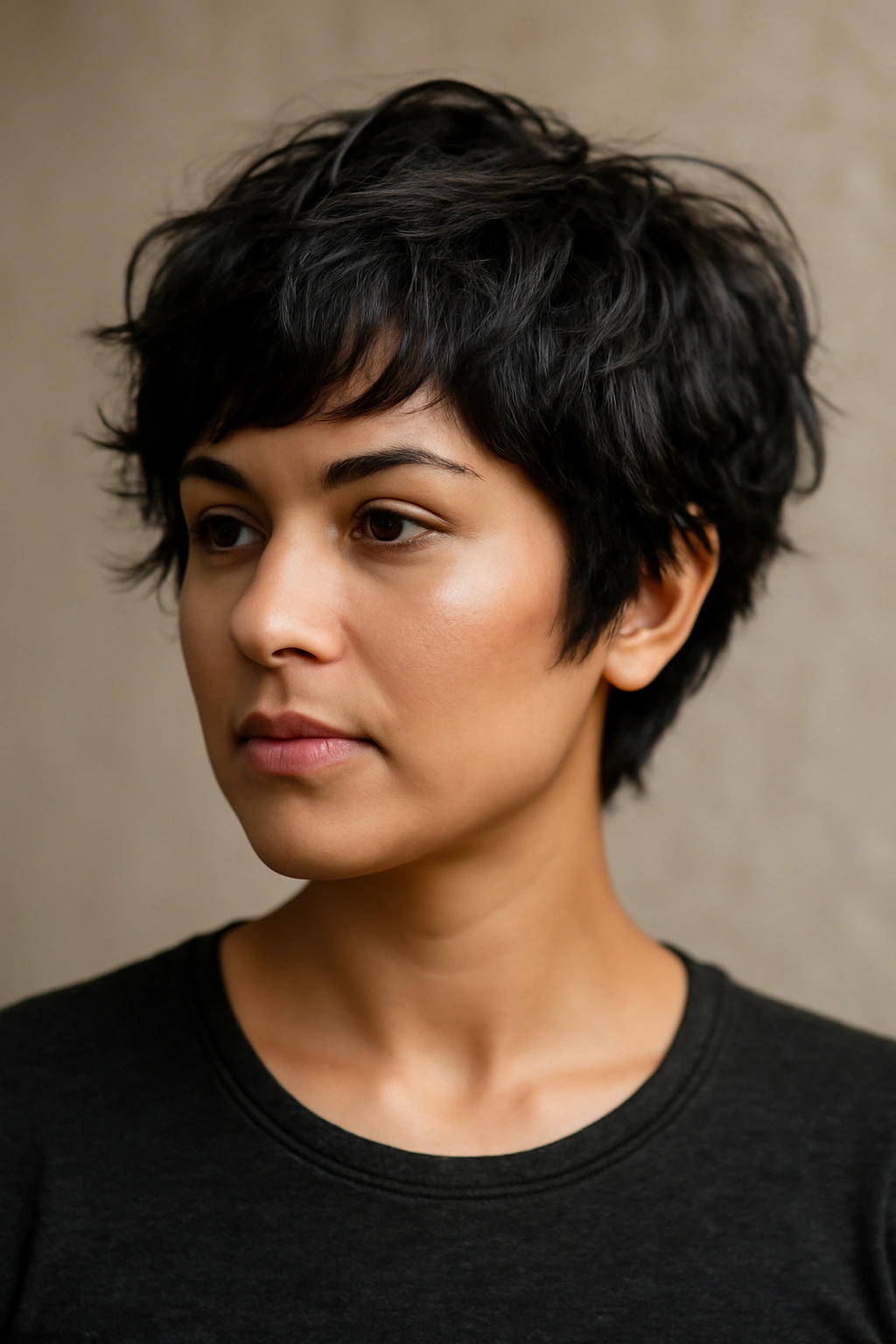 12 Short Haircuts Latina Women Are Asking For Now 8 Latina woman with clearly separated, textured layers in thick wavy hair.